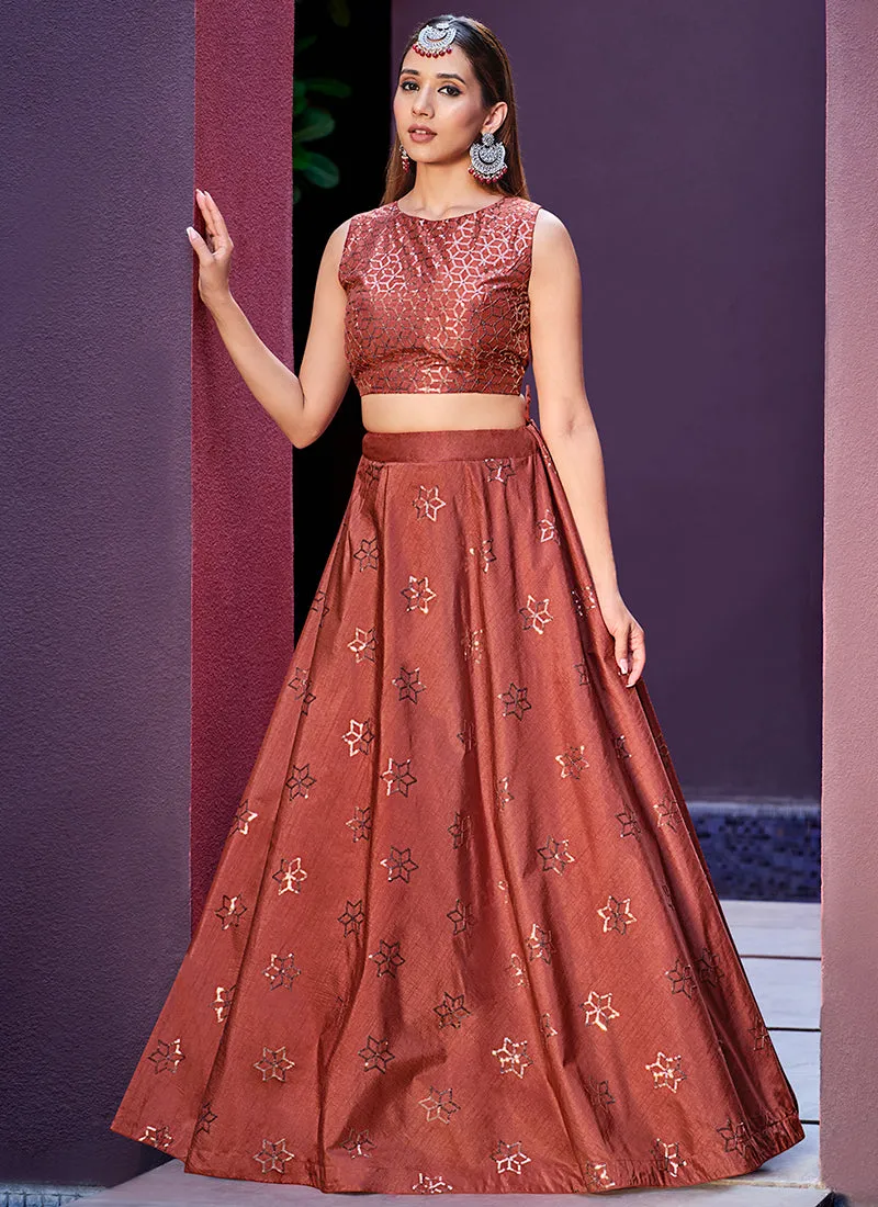 Burnt Orange Sequence Embroidery Jacket Style Lehenga Choli