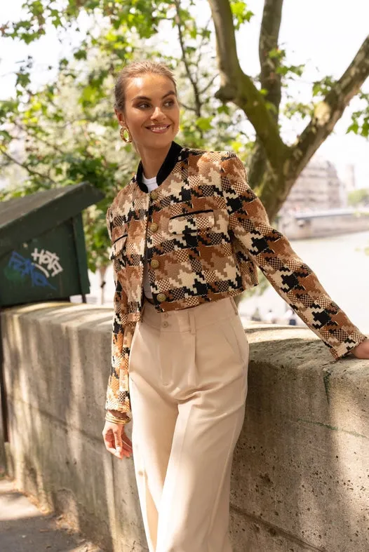 Camel Print Tweed Cropped Blazer Jacket with Velvet Collar