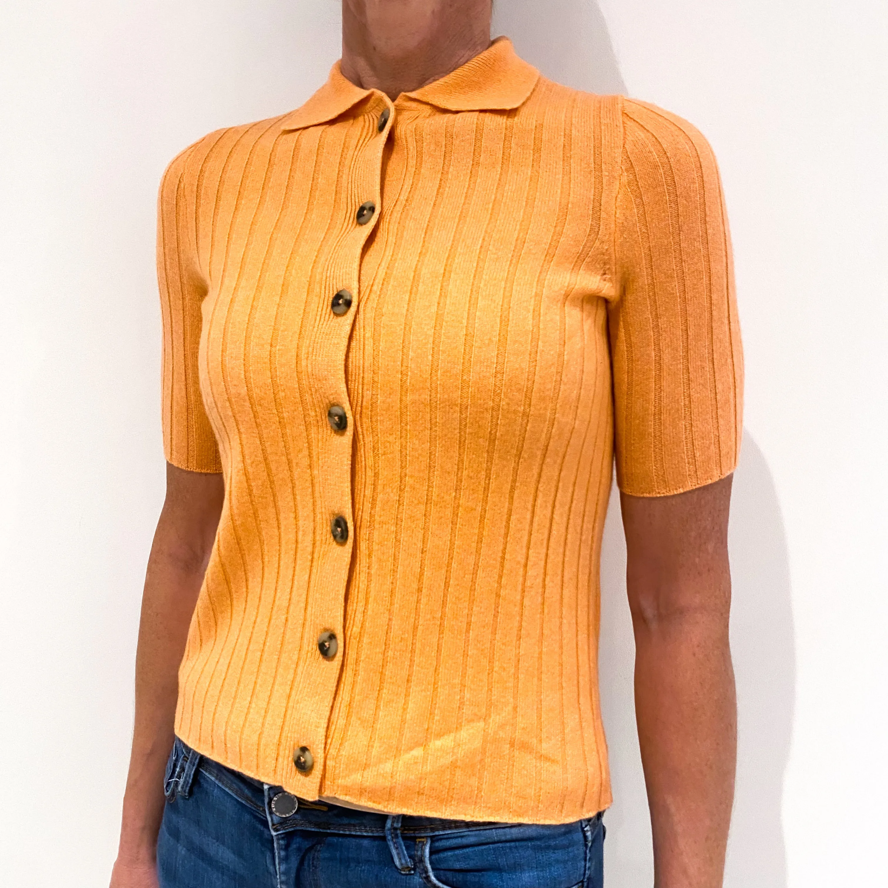 Cantaloupe Orange Ribbed Short Sleeved Cashmere Collared Cardigan Small