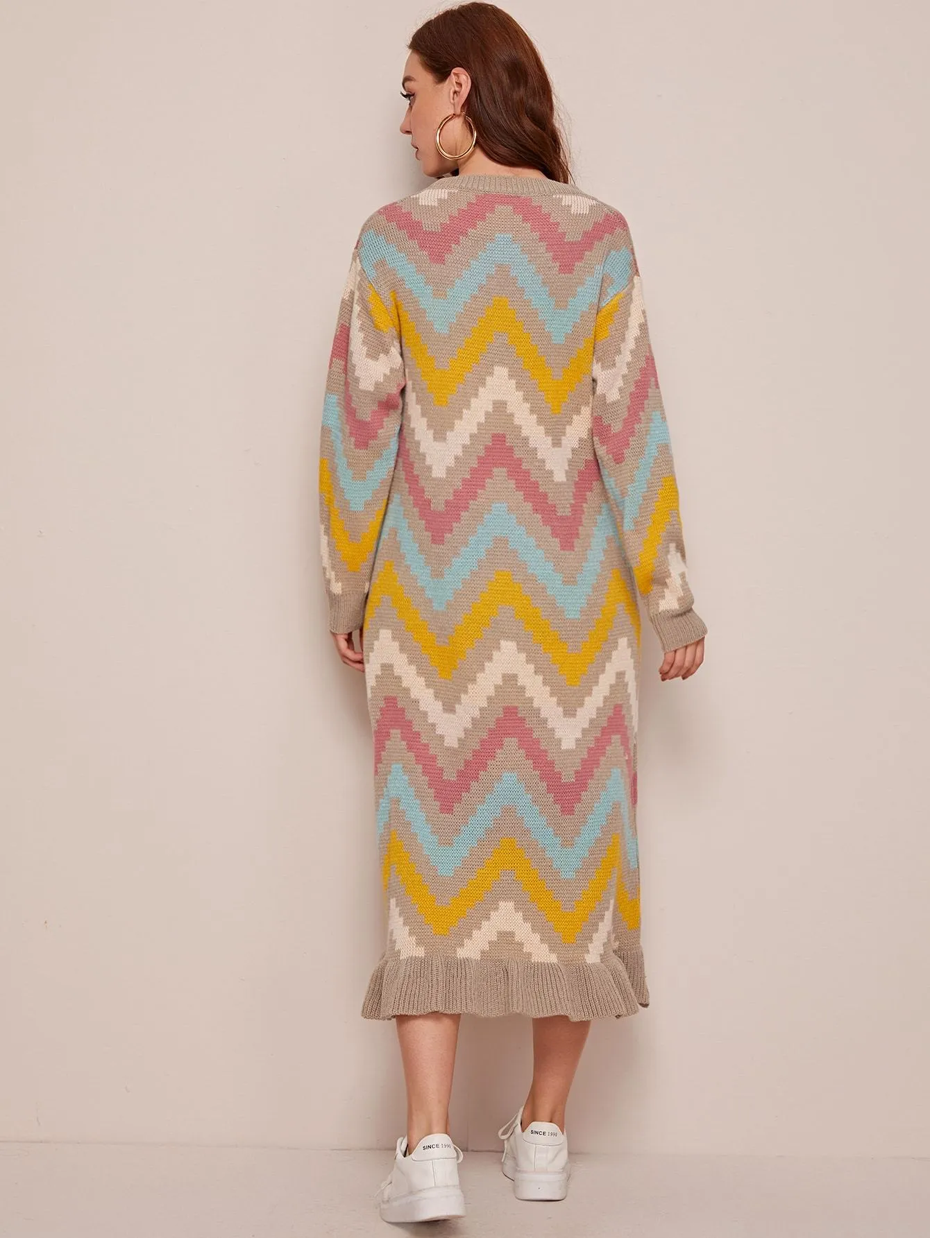 Chevron Colourblock Ruffle Hem Jumper Dress