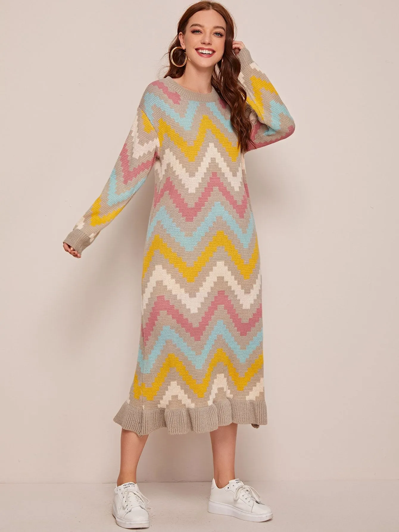 Chevron Colourblock Ruffle Hem Jumper Dress