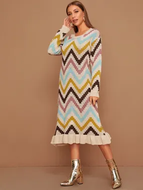 Chevron Colourblock Ruffle Hem Jumper Dress