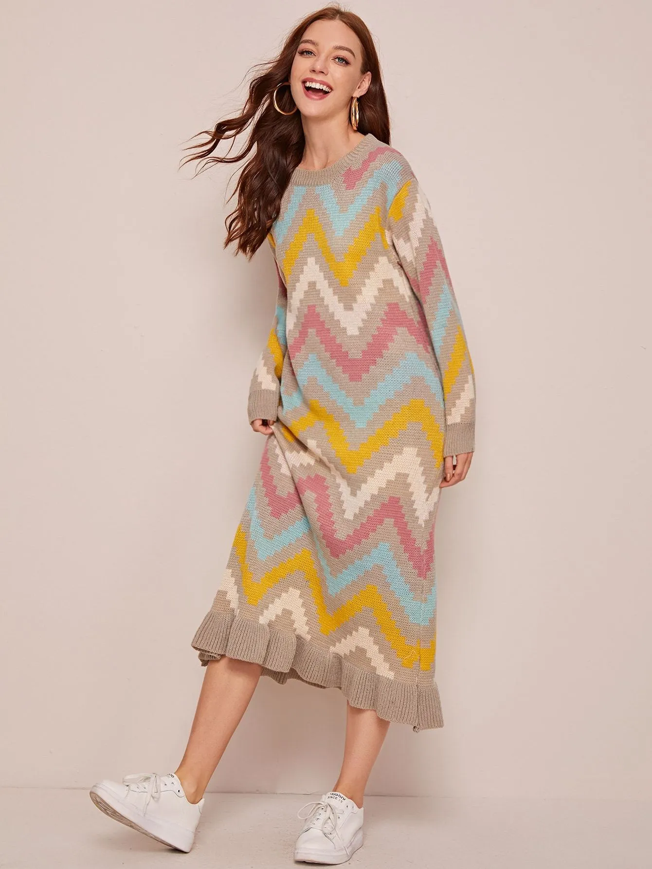 Chevron Colourblock Ruffle Hem Jumper Dress