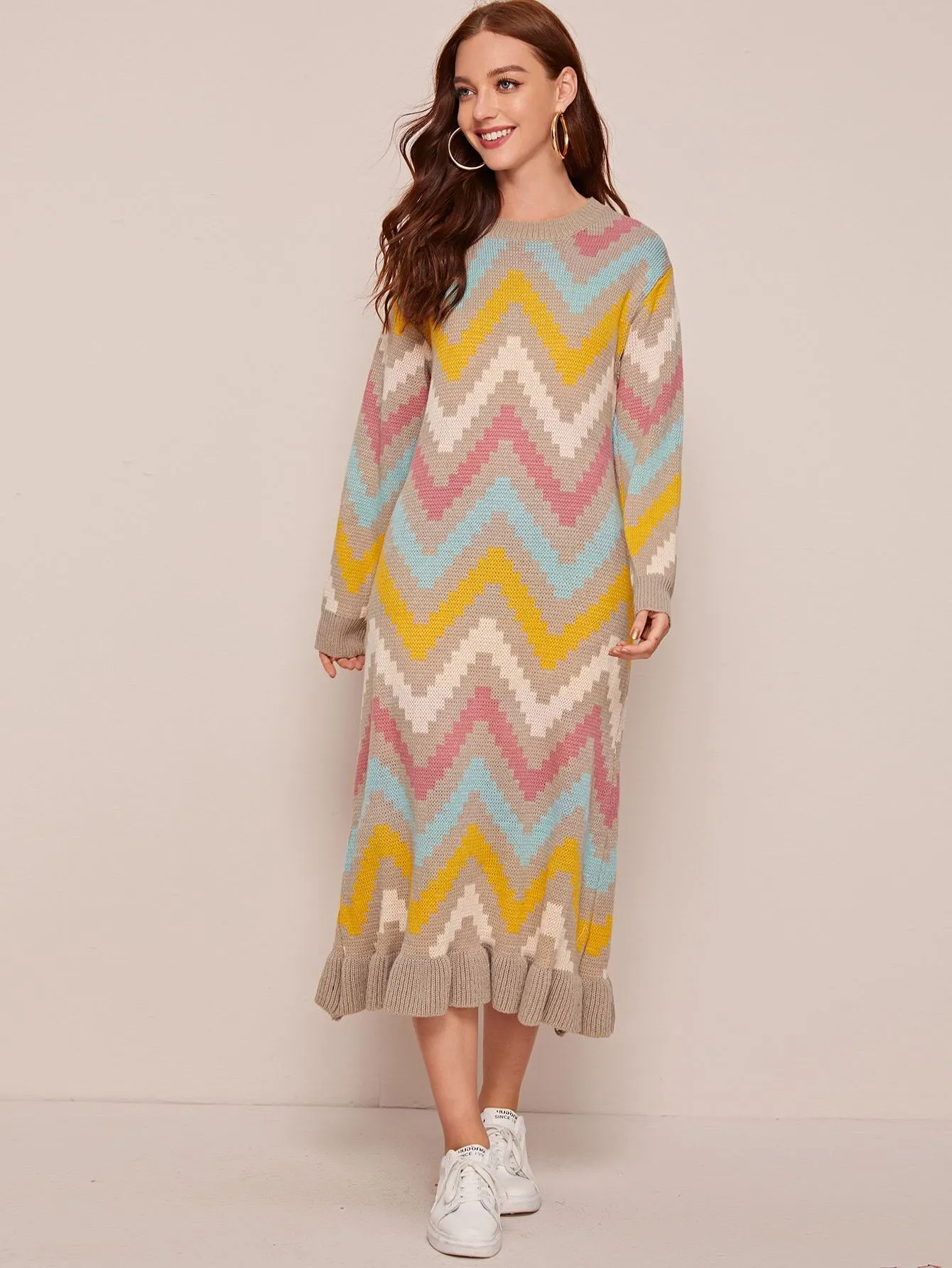 Chevron Colourblock Ruffle Hem Jumper Dress