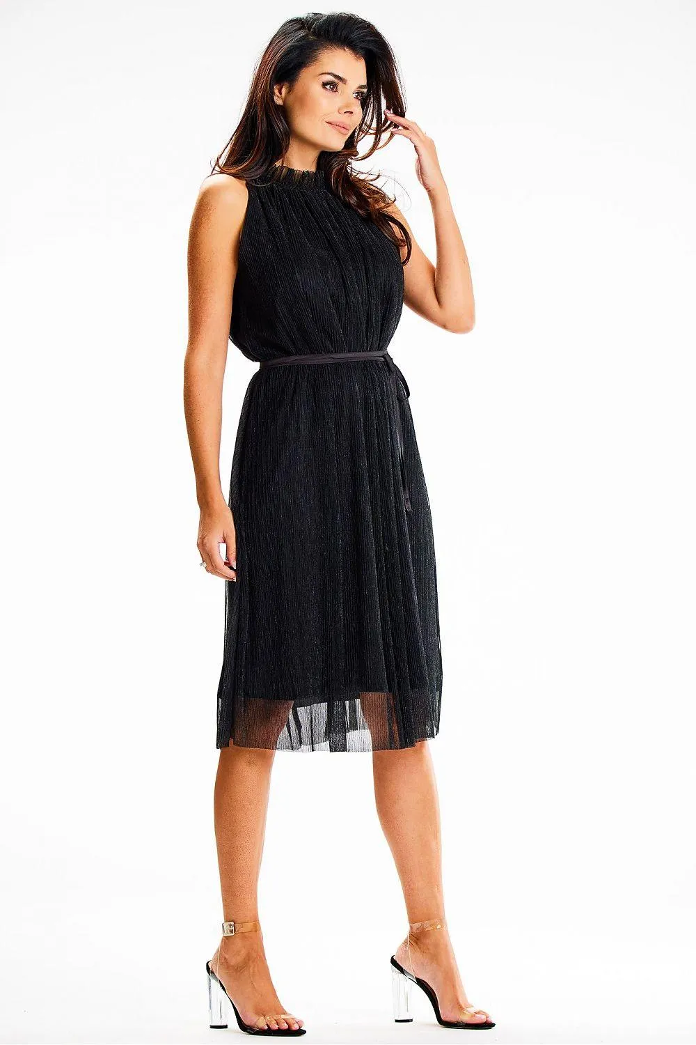 Chic Halter Neck Midi Dress with Decorative Collar and Satin Belt