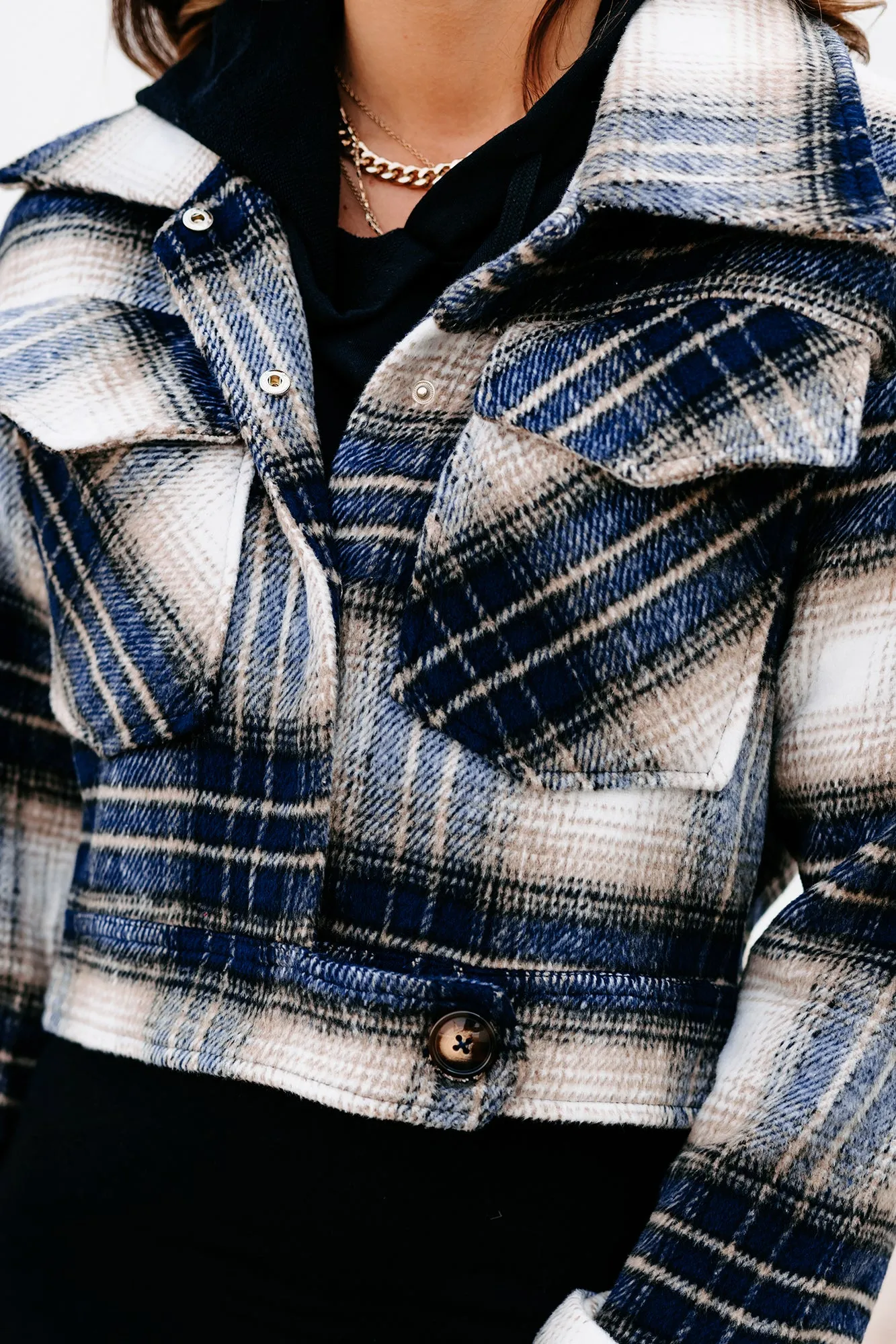 Chic Observations Cropped Plaid Shacket (Navy)