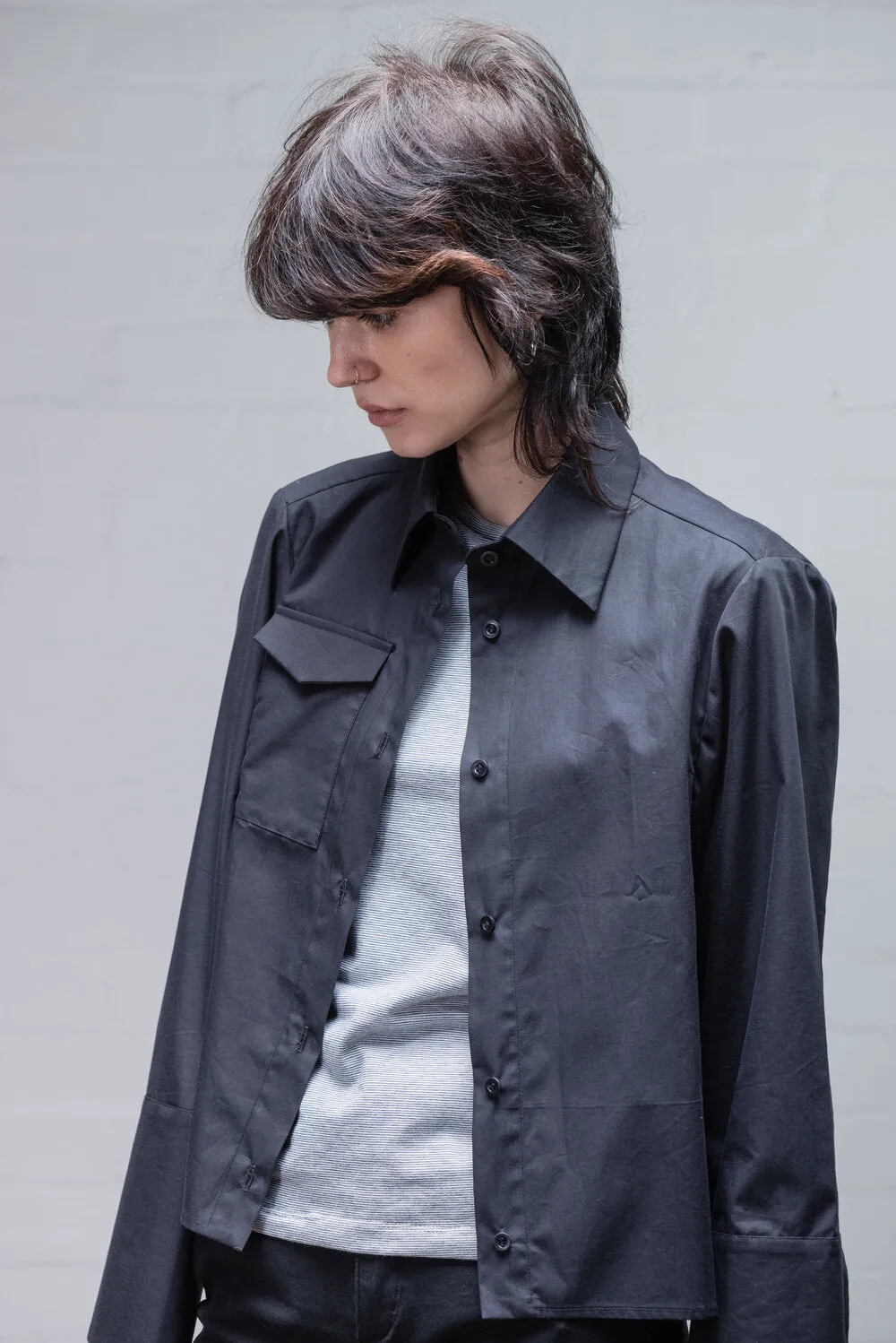 {Clearance Stock} Organic Cotton Cropped Long-Sleeve Shirt in Black