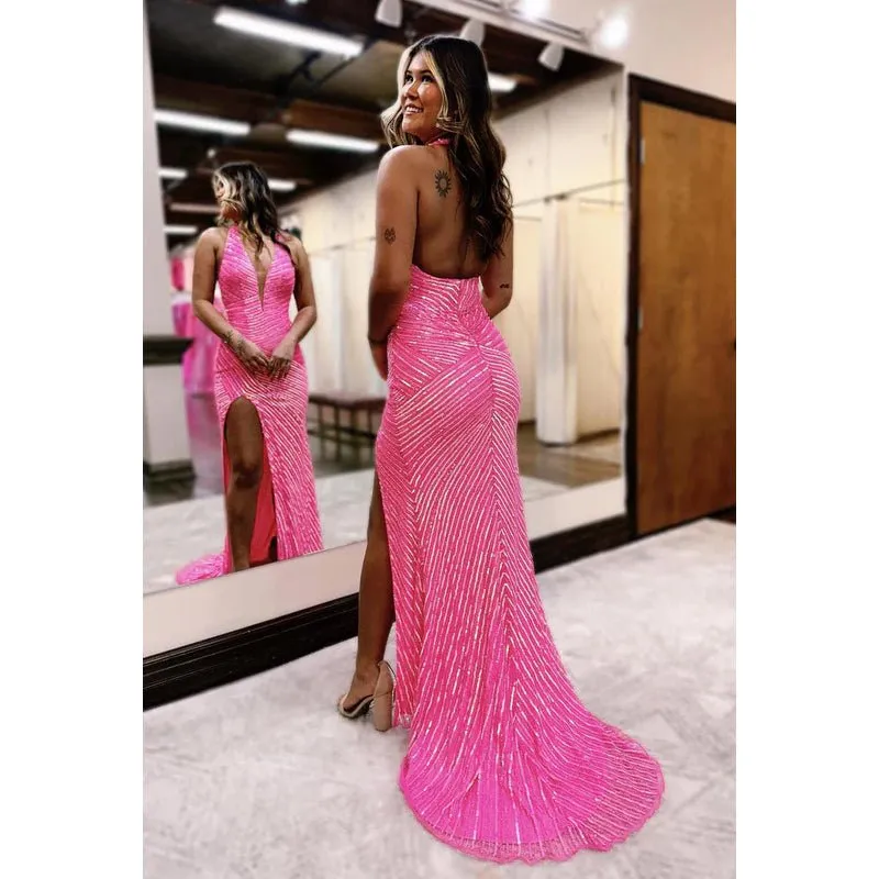 Couture & Ornate Halter Sleeveless Side Slit Sequins Backless Evening Party Prom Dress