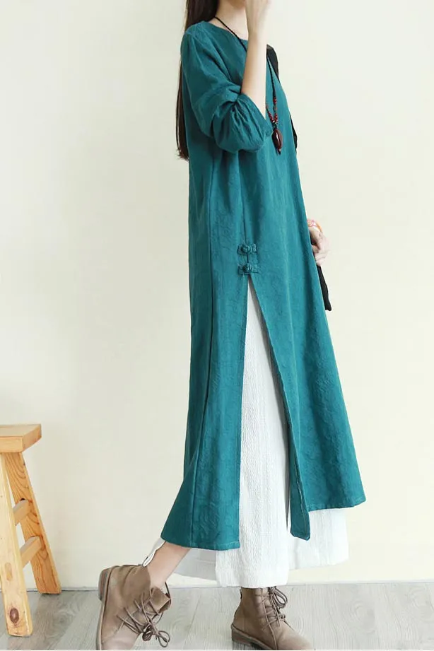 crew dish buckle summer linen long dress with 3/4 sleeves CYM336