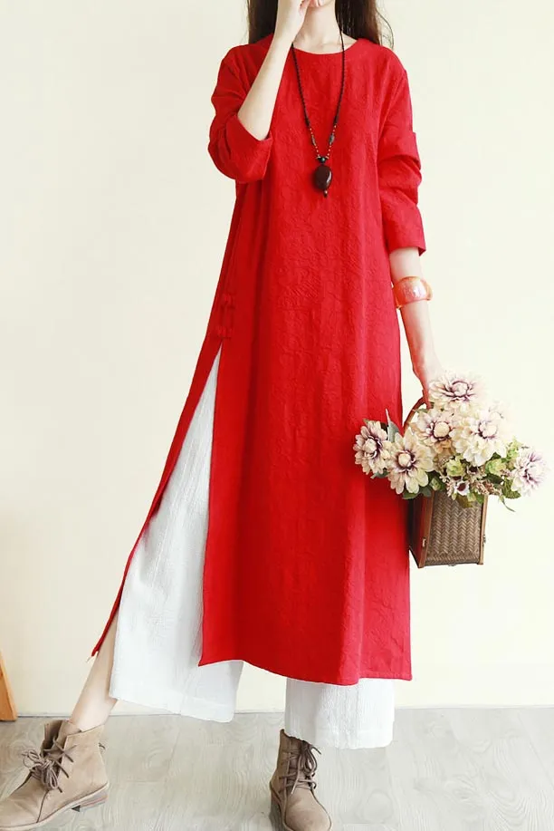 crew dish buckle summer linen long dress with 3/4 sleeves CYM336