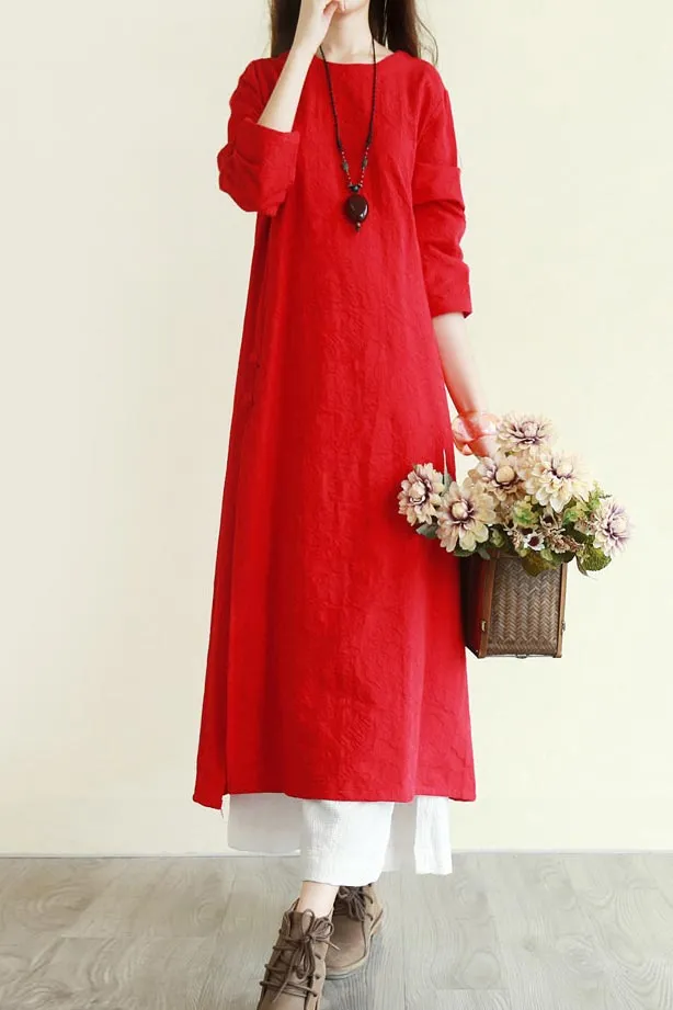 crew dish buckle summer linen long dress with 3/4 sleeves CYM336