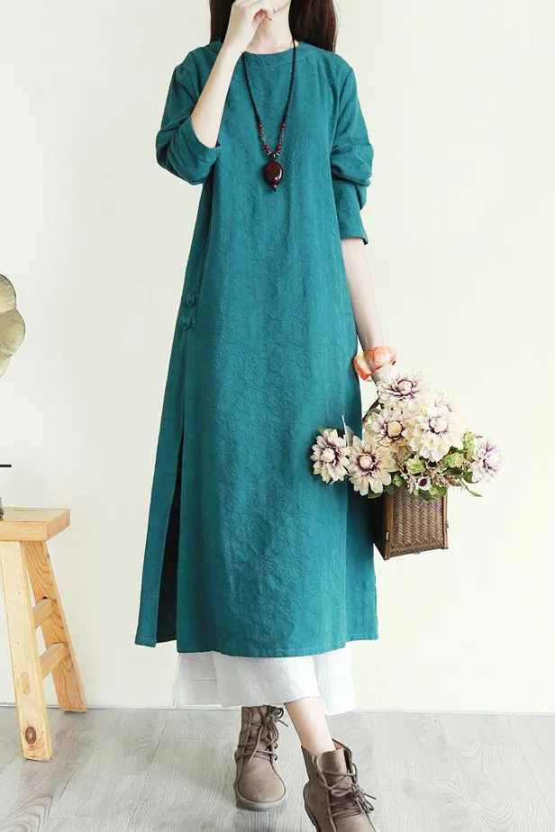 crew dish buckle summer linen long dress with 3/4 sleeves CYM336