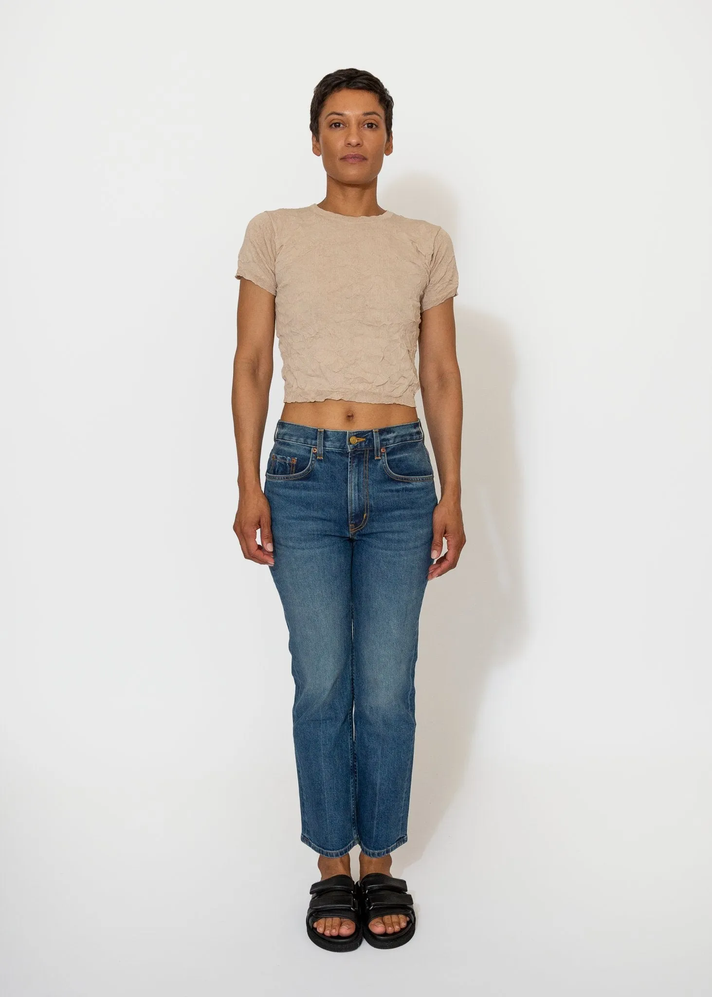 Crinkled Petite Knit Tee in Sandstone