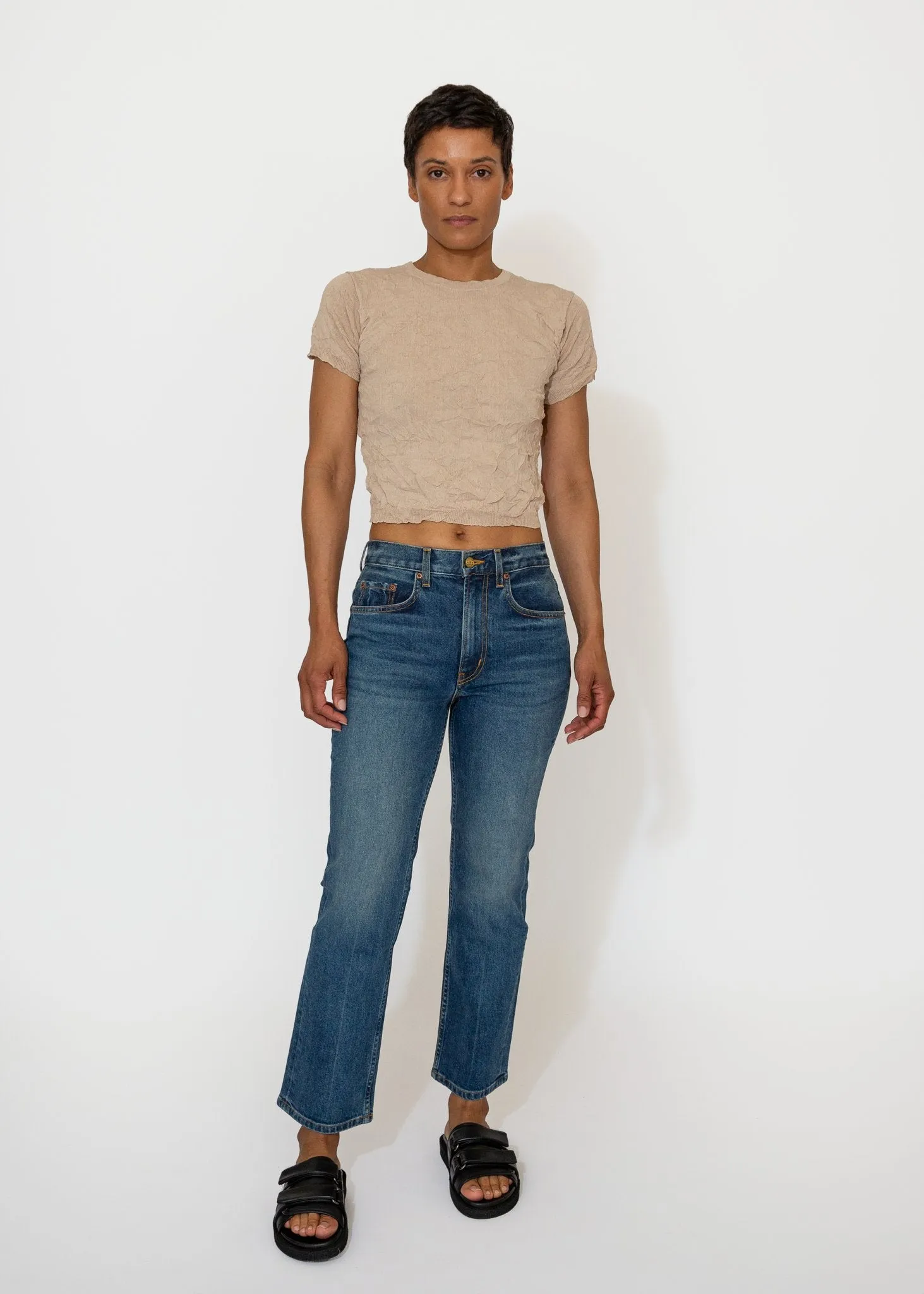 Crinkled Petite Knit Tee in Sandstone