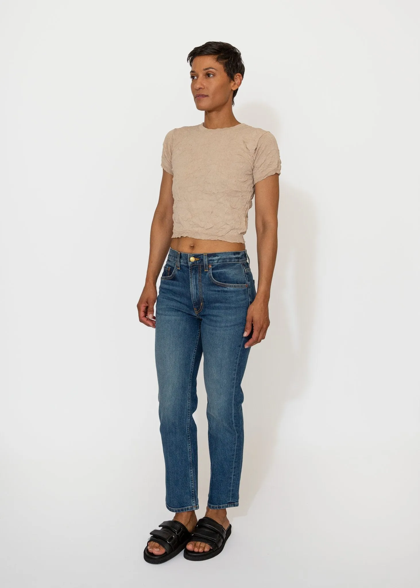 Crinkled Petite Knit Tee in Sandstone