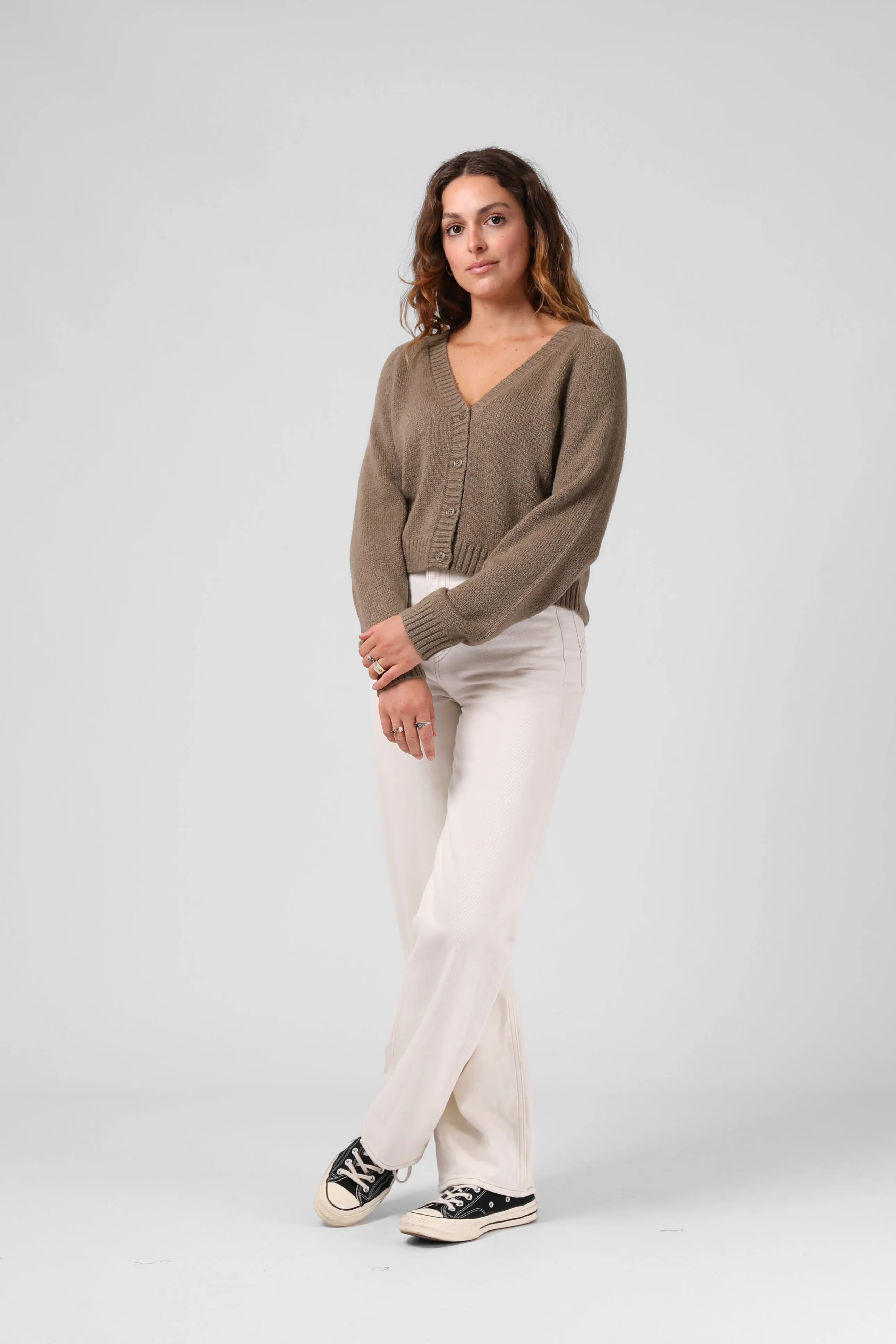 Cropped Cardigan - Olive Marl