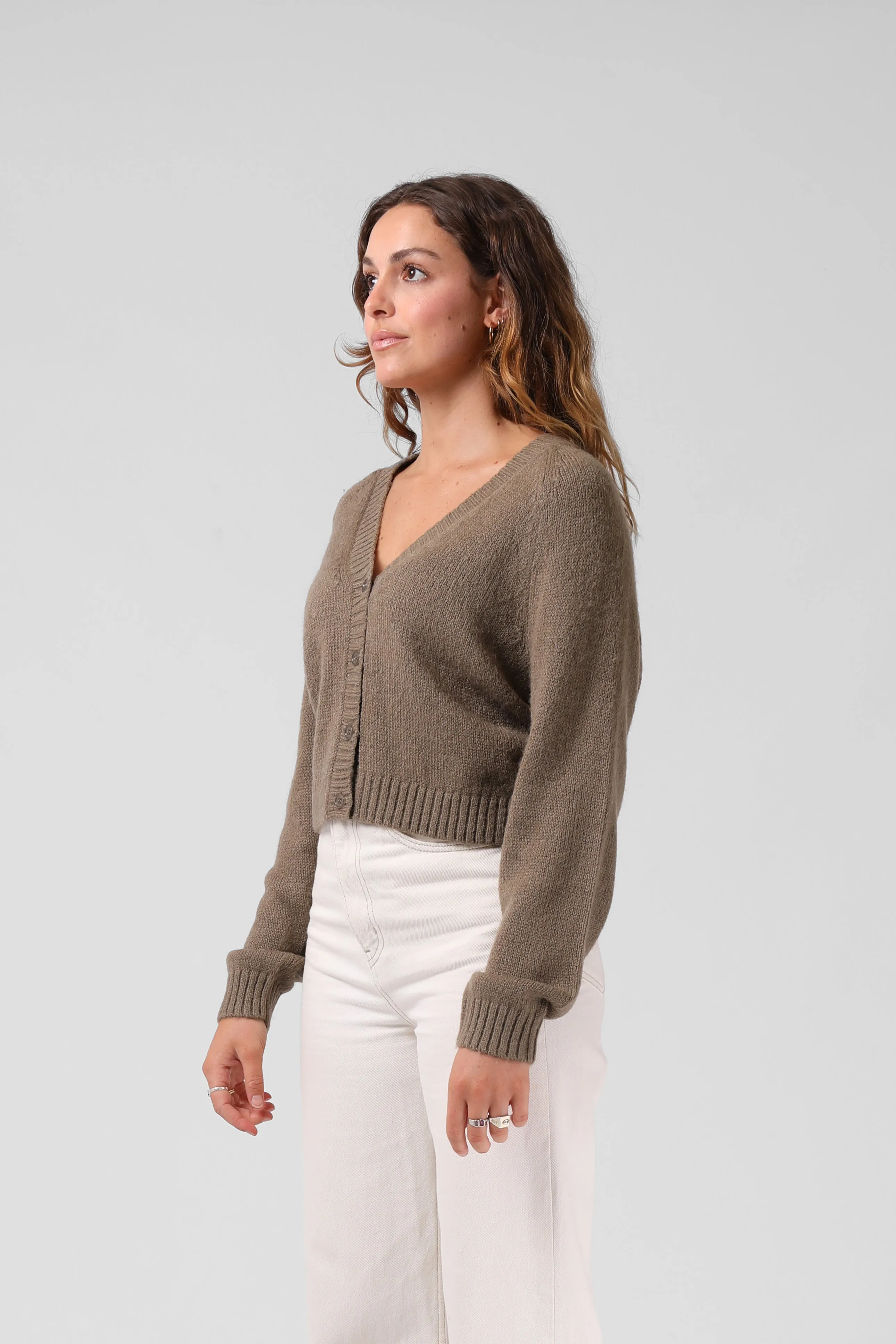 Cropped Cardigan - Olive Marl