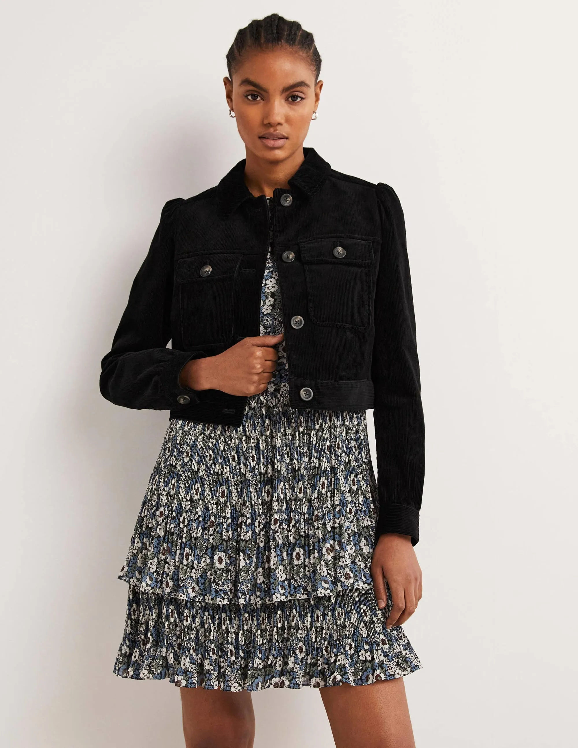 Cropped Cord Jacket-Black