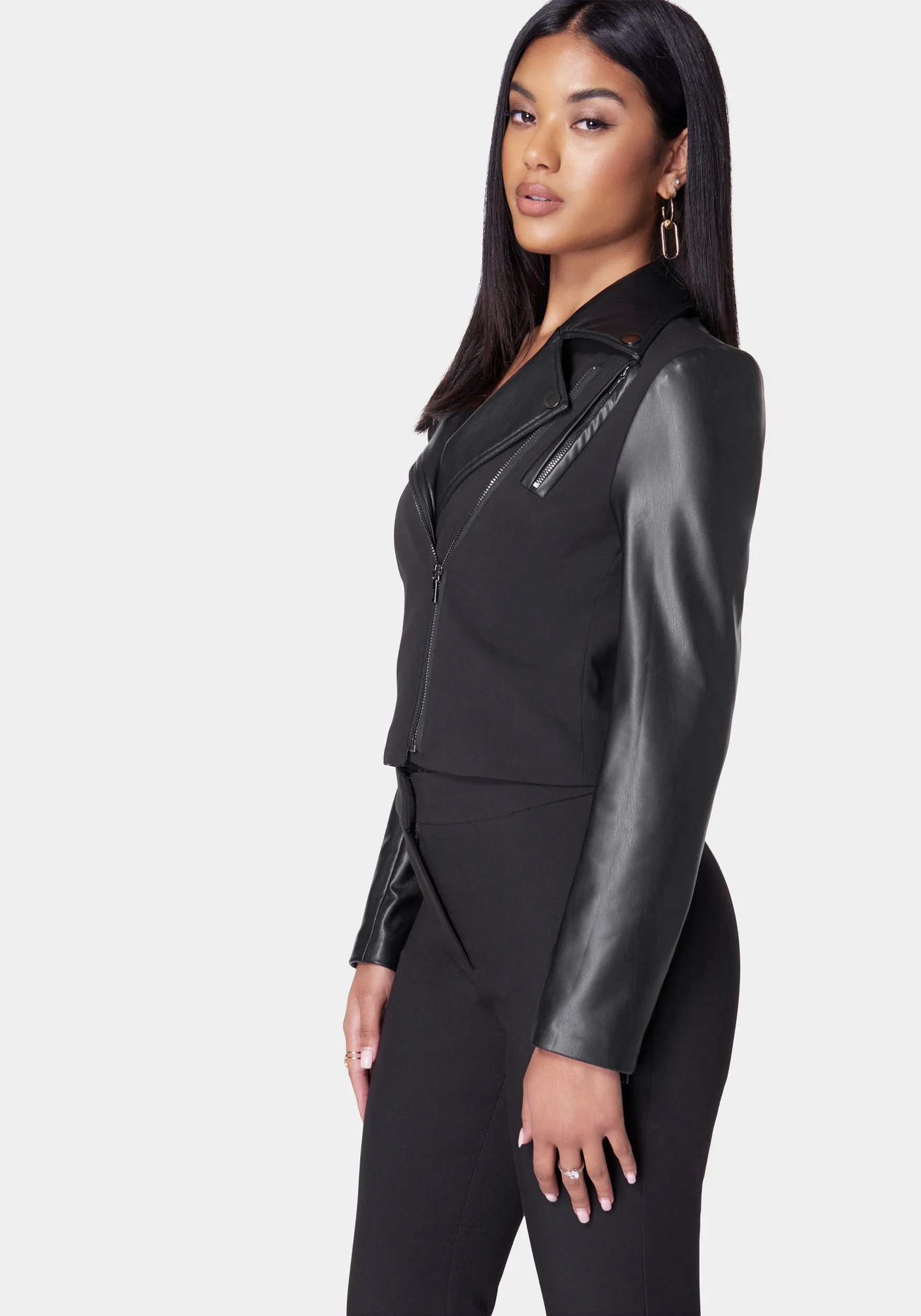 Cropped  Vegan Leather Combo Tailored  Moto Blazer