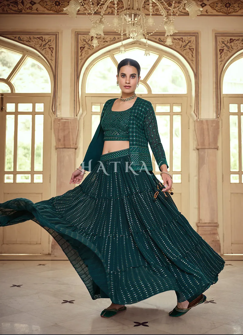 Dark Green Sequence Embroidered Jacket Style Lehenga Choli