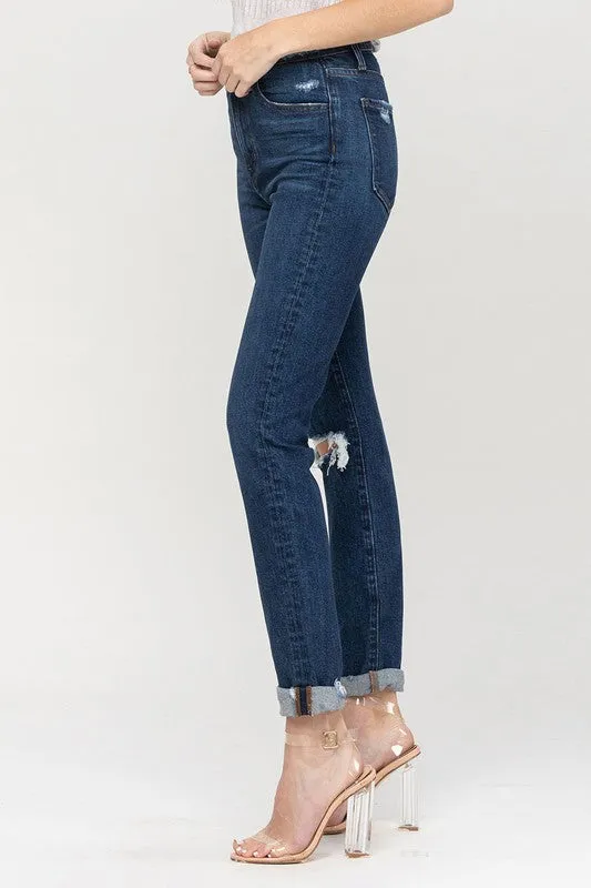 Distressed Roll Up Stretch Mom Jeans