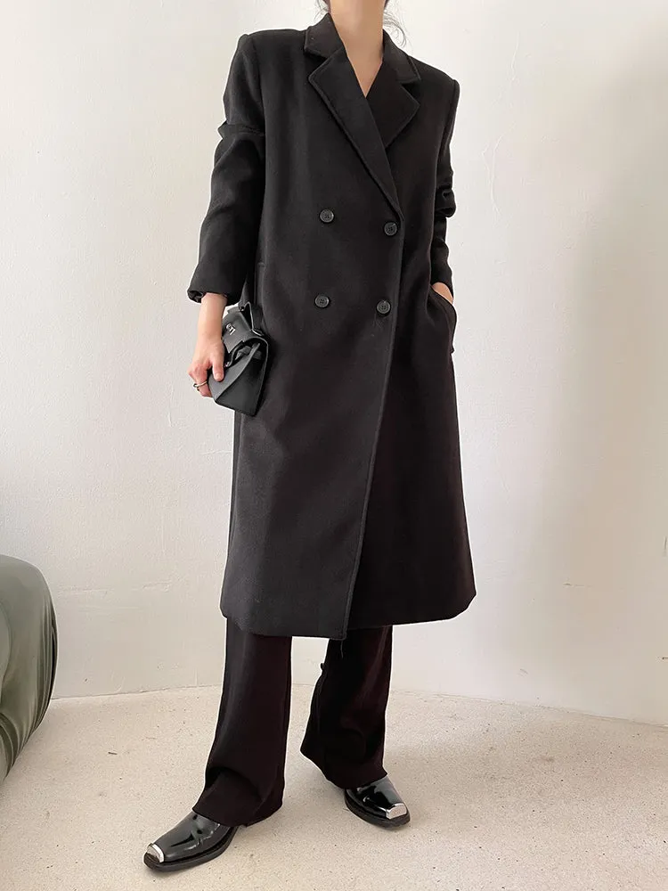 Double Breasted Oversized Long Wool Coat Black