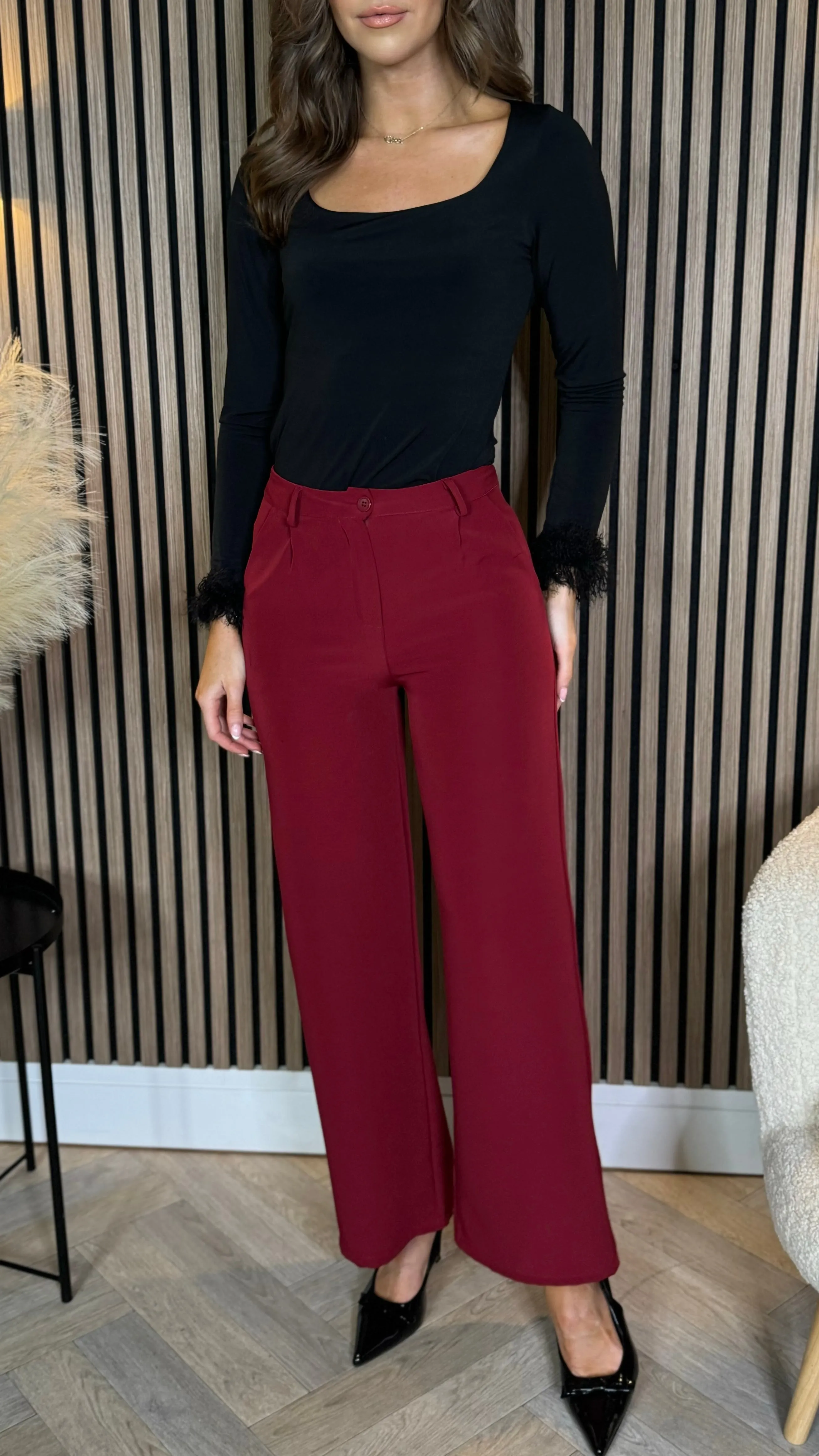 Effie Burgundy Wide Leg Trousers