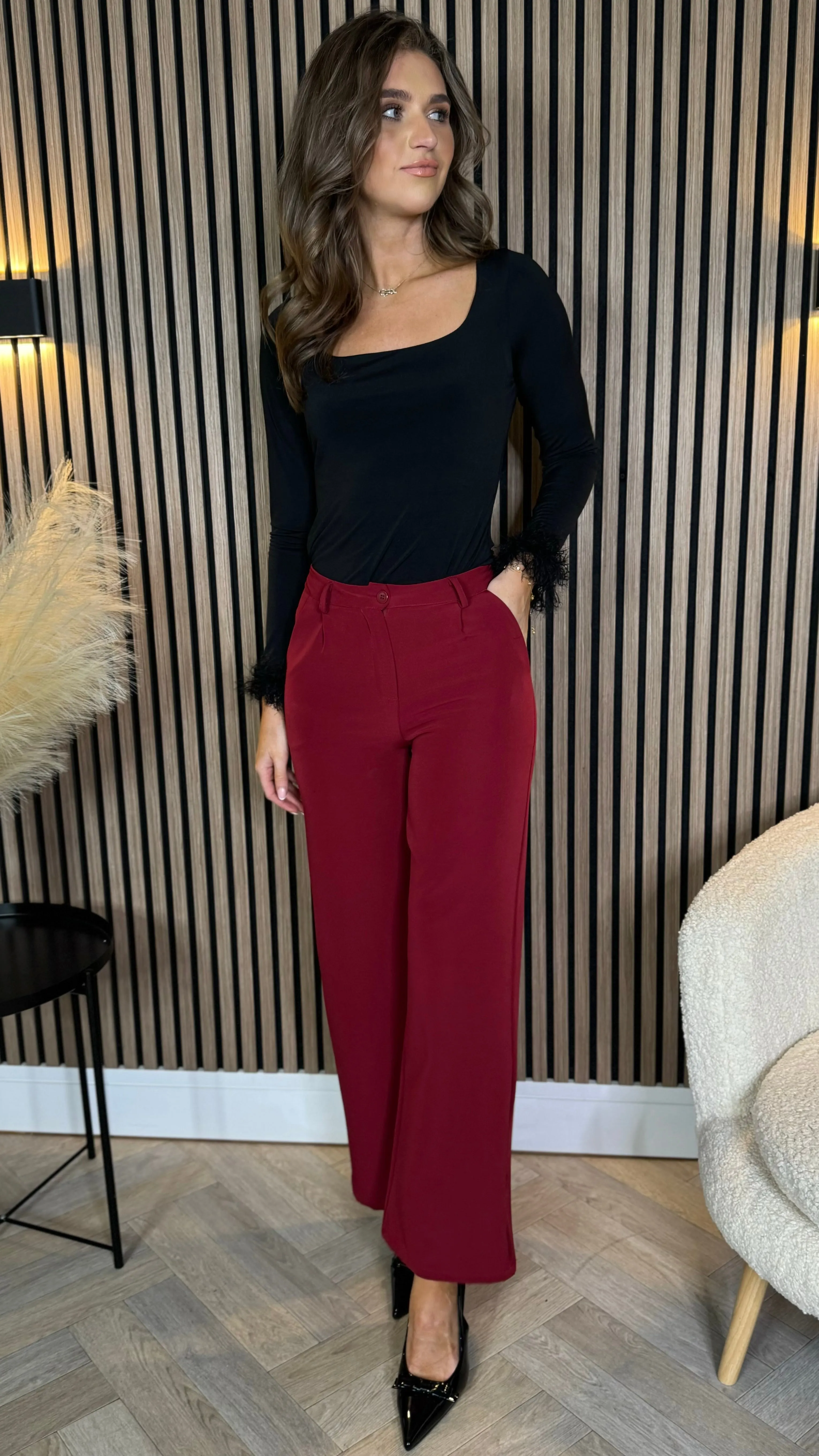 Effie Burgundy Wide Leg Trousers