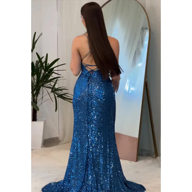 Elegant & Luxurious Spaghetti Straps Scoop Trumpet Side Slit Sequins Backless Prom Dress