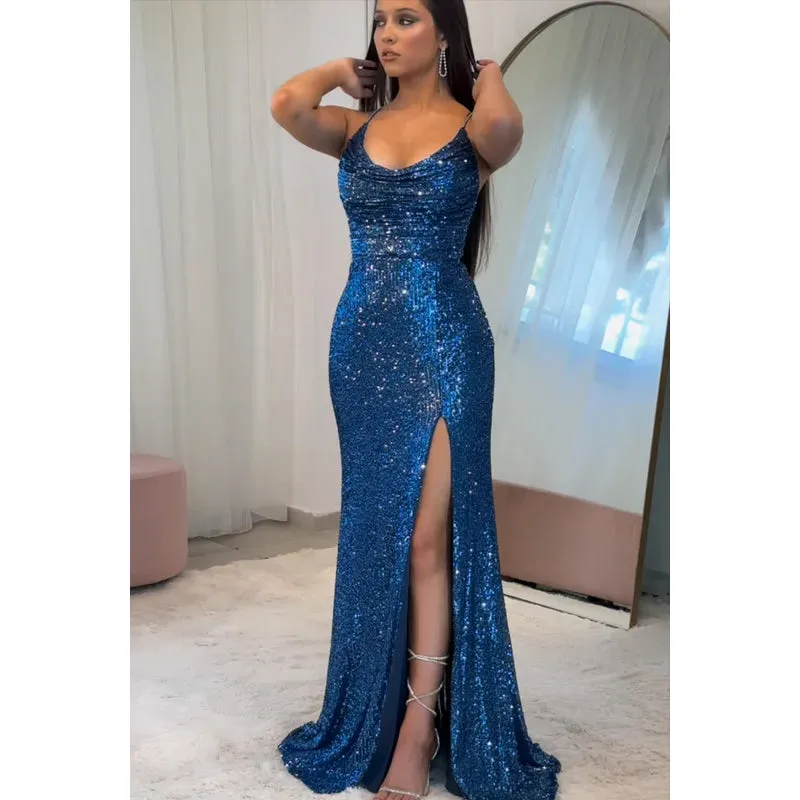 Elegant & Luxurious Spaghetti Straps Scoop Trumpet Side Slit Sequins Backless Prom Dress