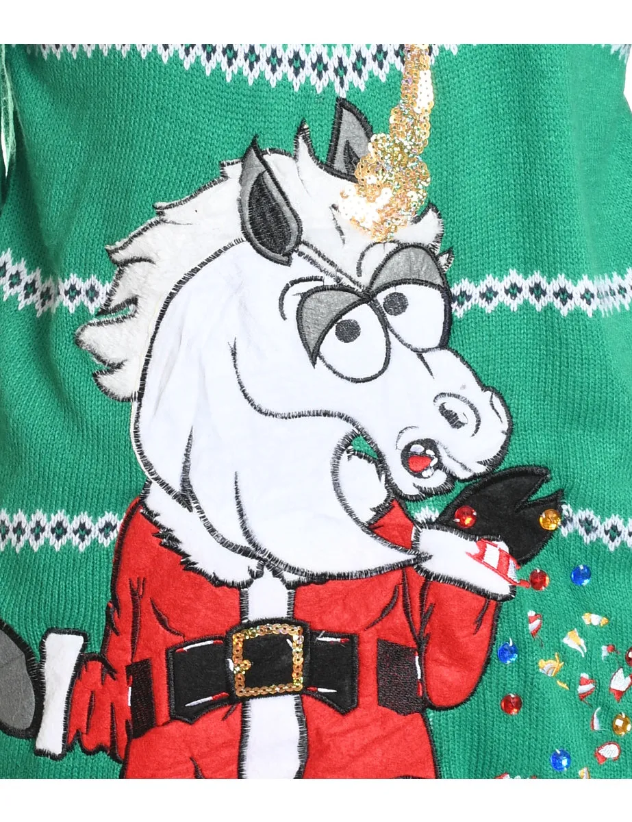 Embroidered Green Christmas Jumper - M