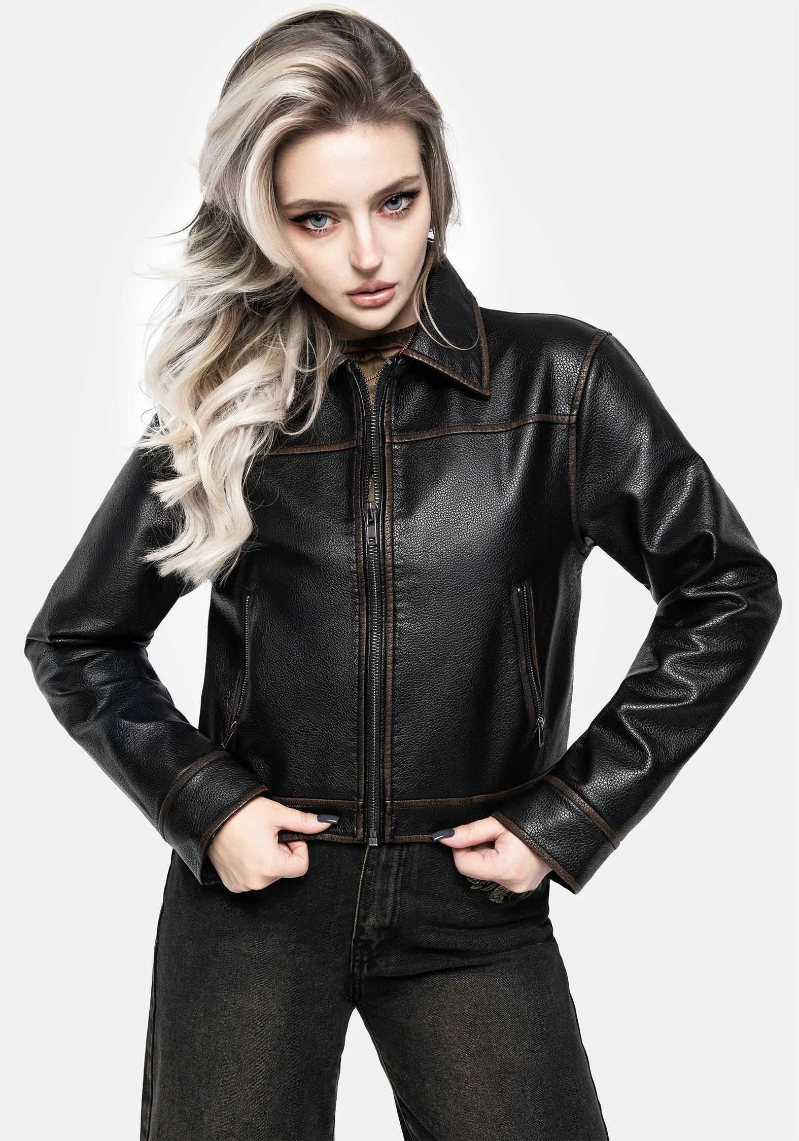 Ermania Crop Faux Leather Jacket