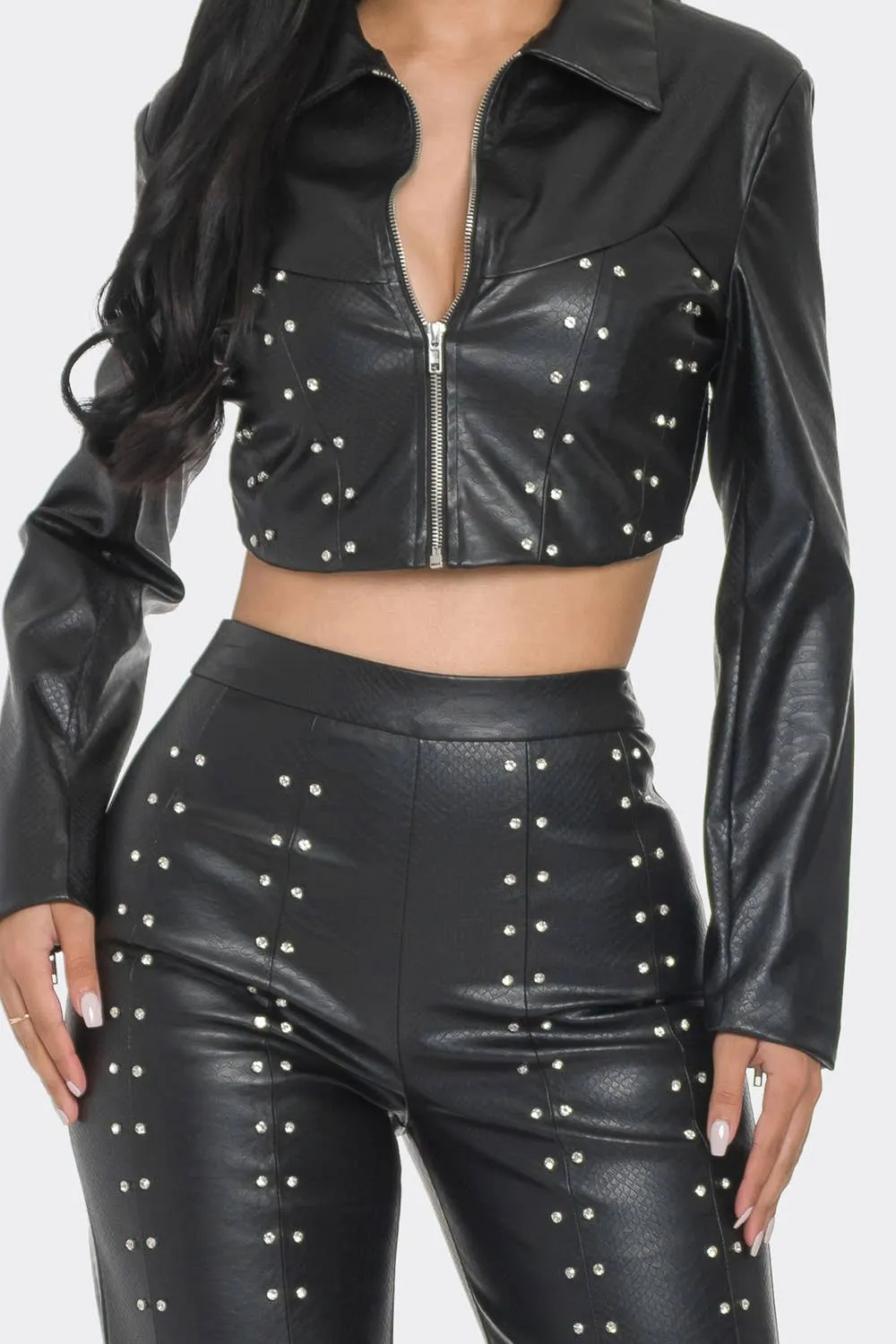 FAUX LEATHER SET WITH RHINESTONE  DETAIL