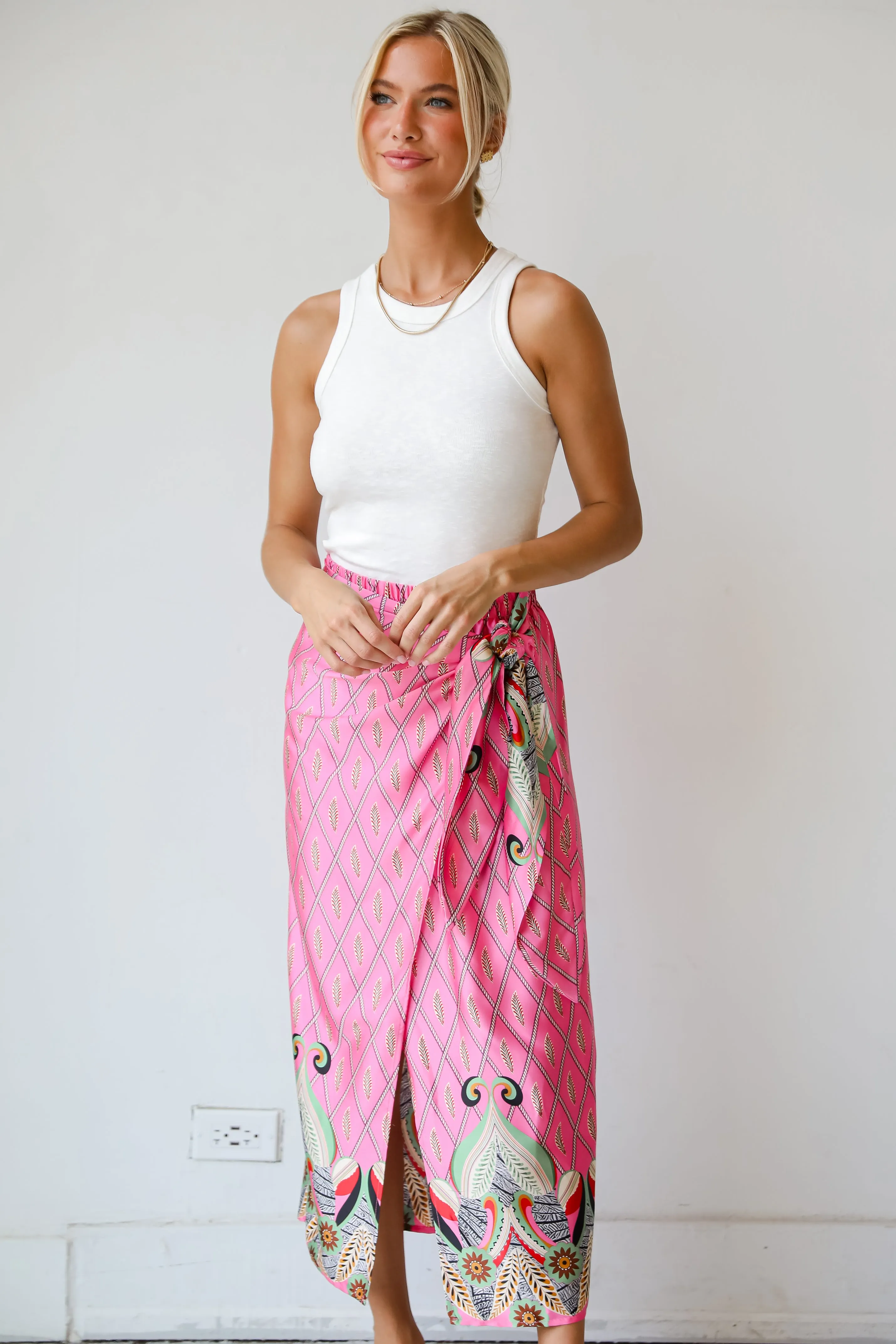 FINAL SALE - Exceptional Attitude Pink Satin Wrap Midi Skirt