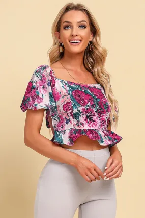 Floral Tied Cropped Peplum Blouse