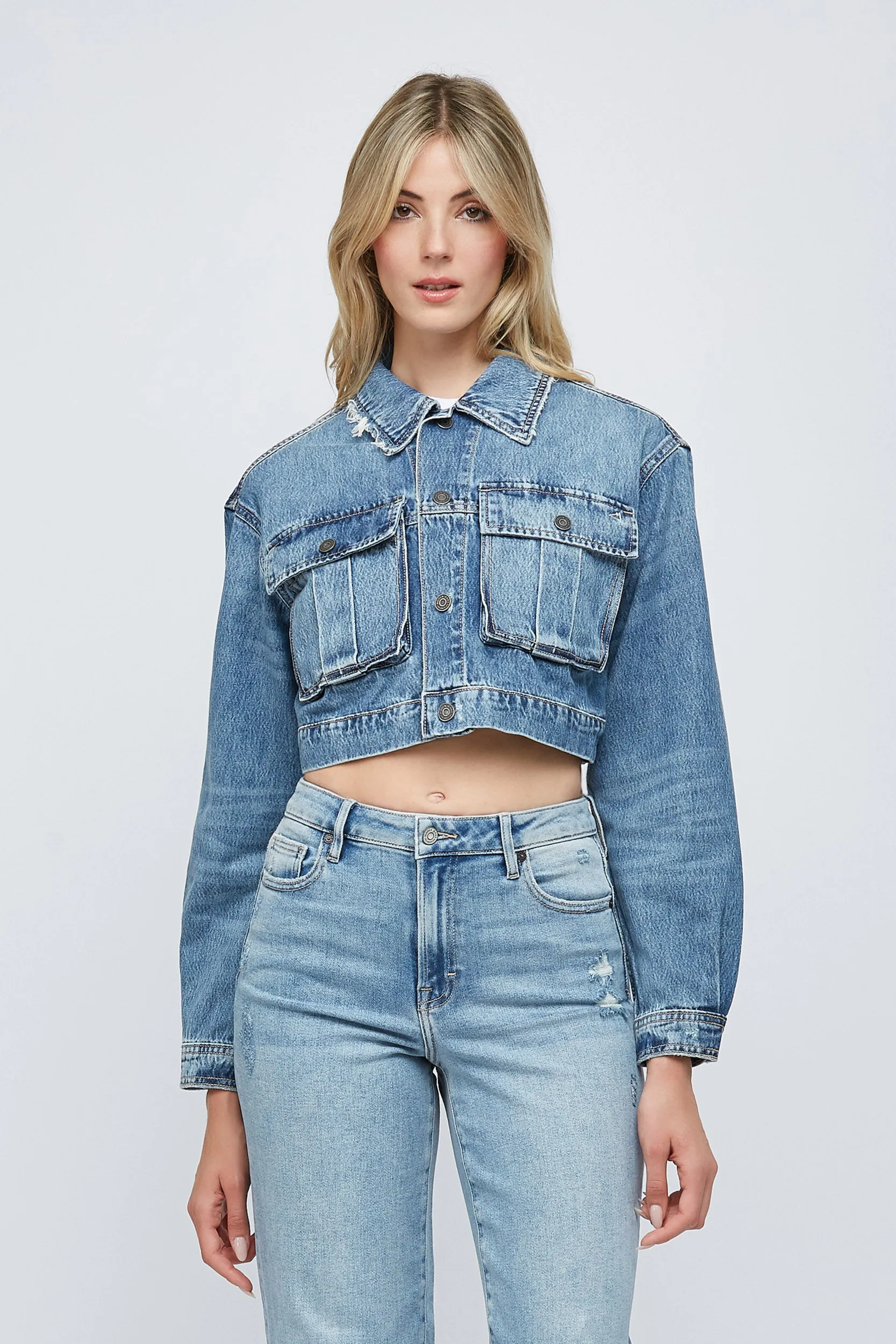 Front Pocket Cropped Denim Jacket