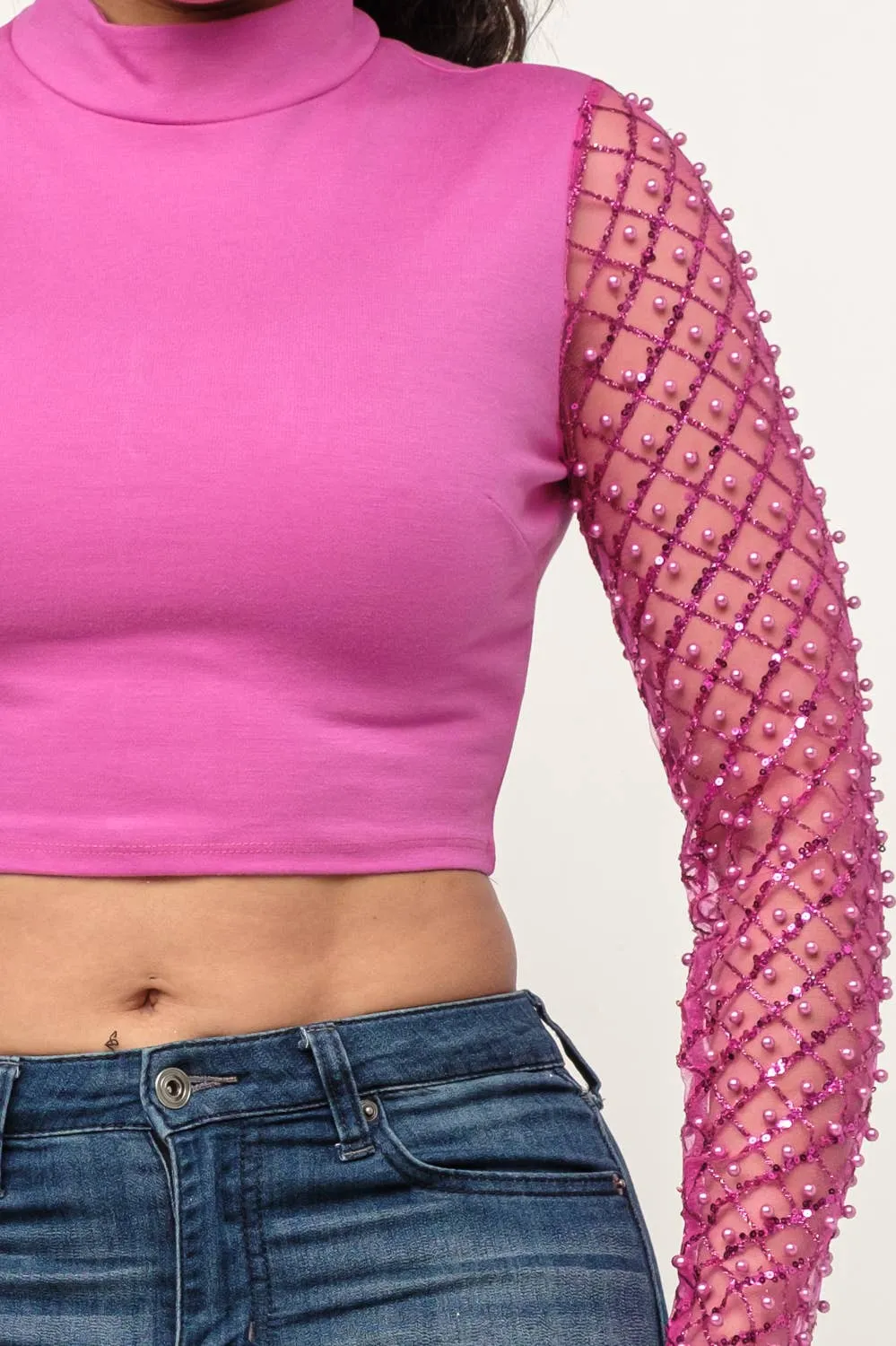 Fuchsia Mockneck Sequin/Pearl Sleeved Crop Top