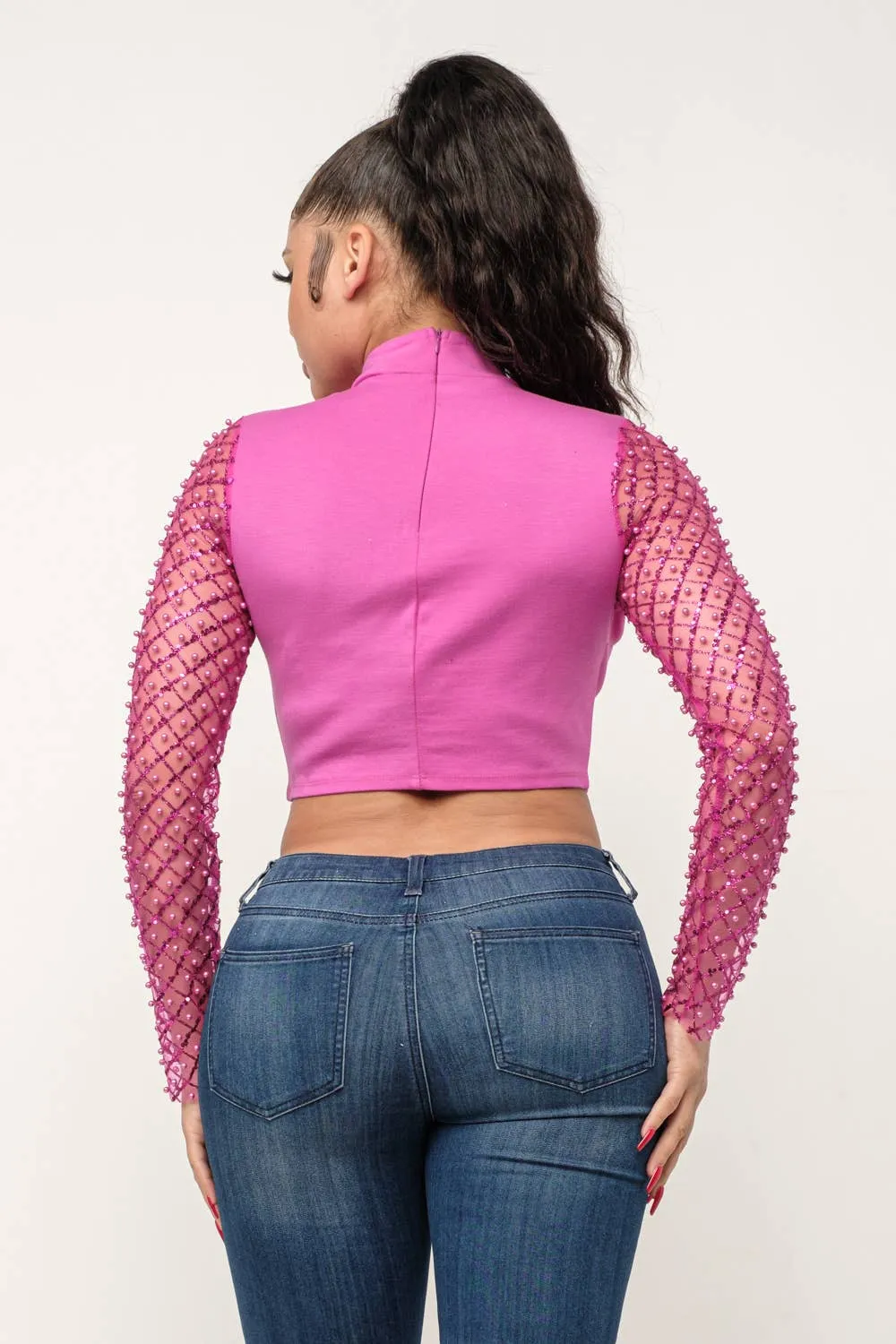 Fuchsia Mockneck Sequin/Pearl Sleeved Crop Top