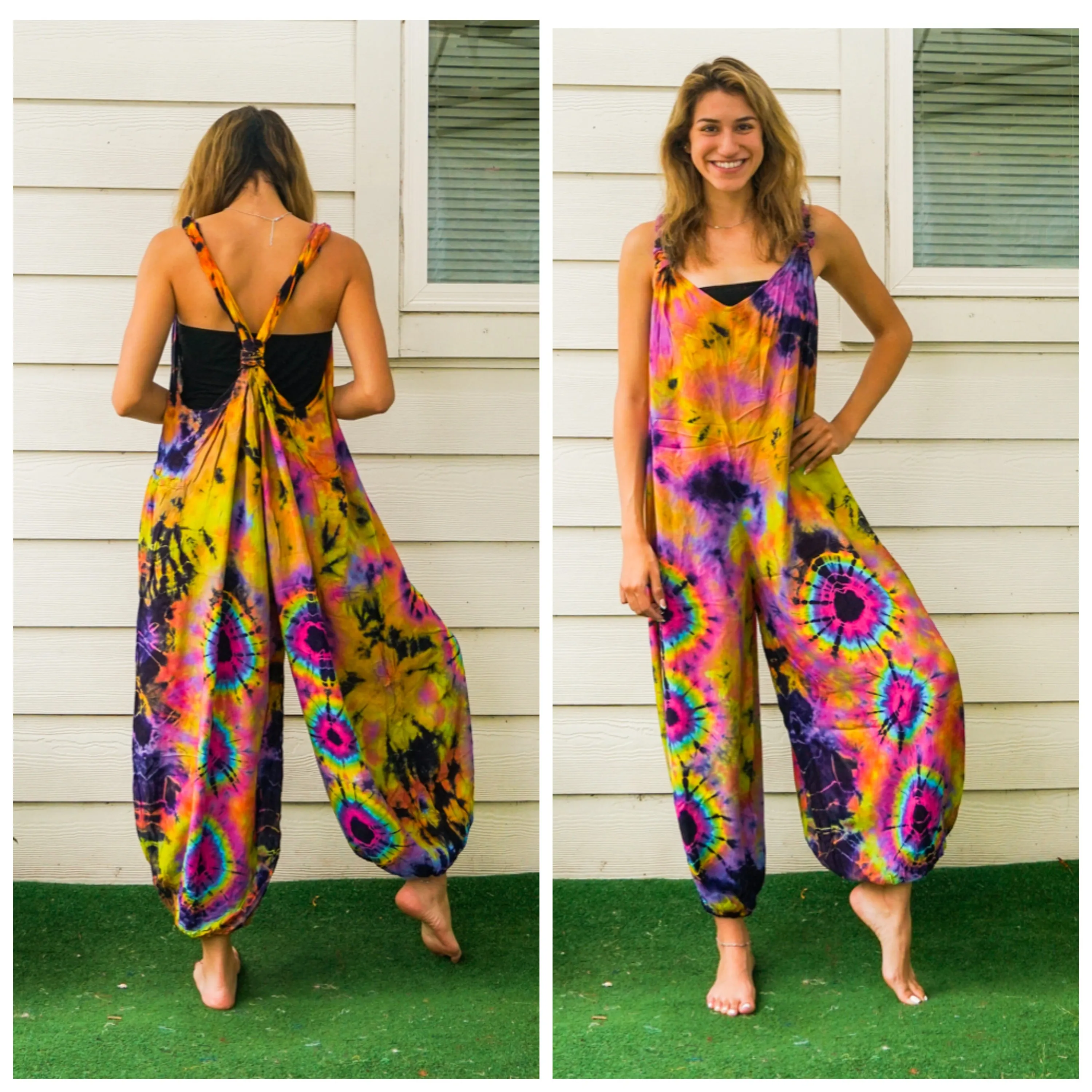 Fun Summer Hand Dyed Hippie Racerback Dungarees Jumpsuit Romper