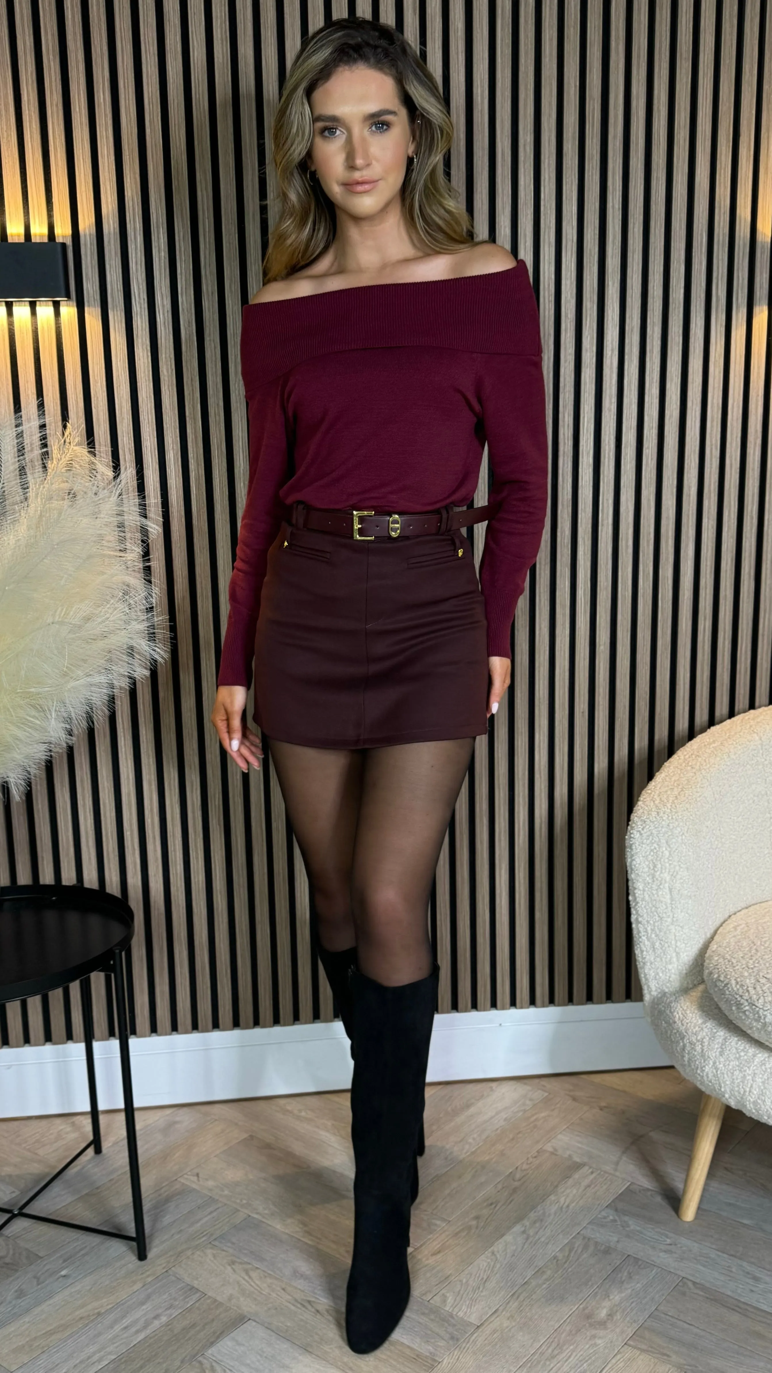 Gabi Burgundy Wide Neck Knit Jumper