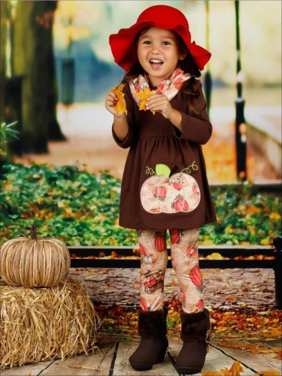 Girls Pumpkin Print Long Sleeve Tunic, Leggings And Scarf Set