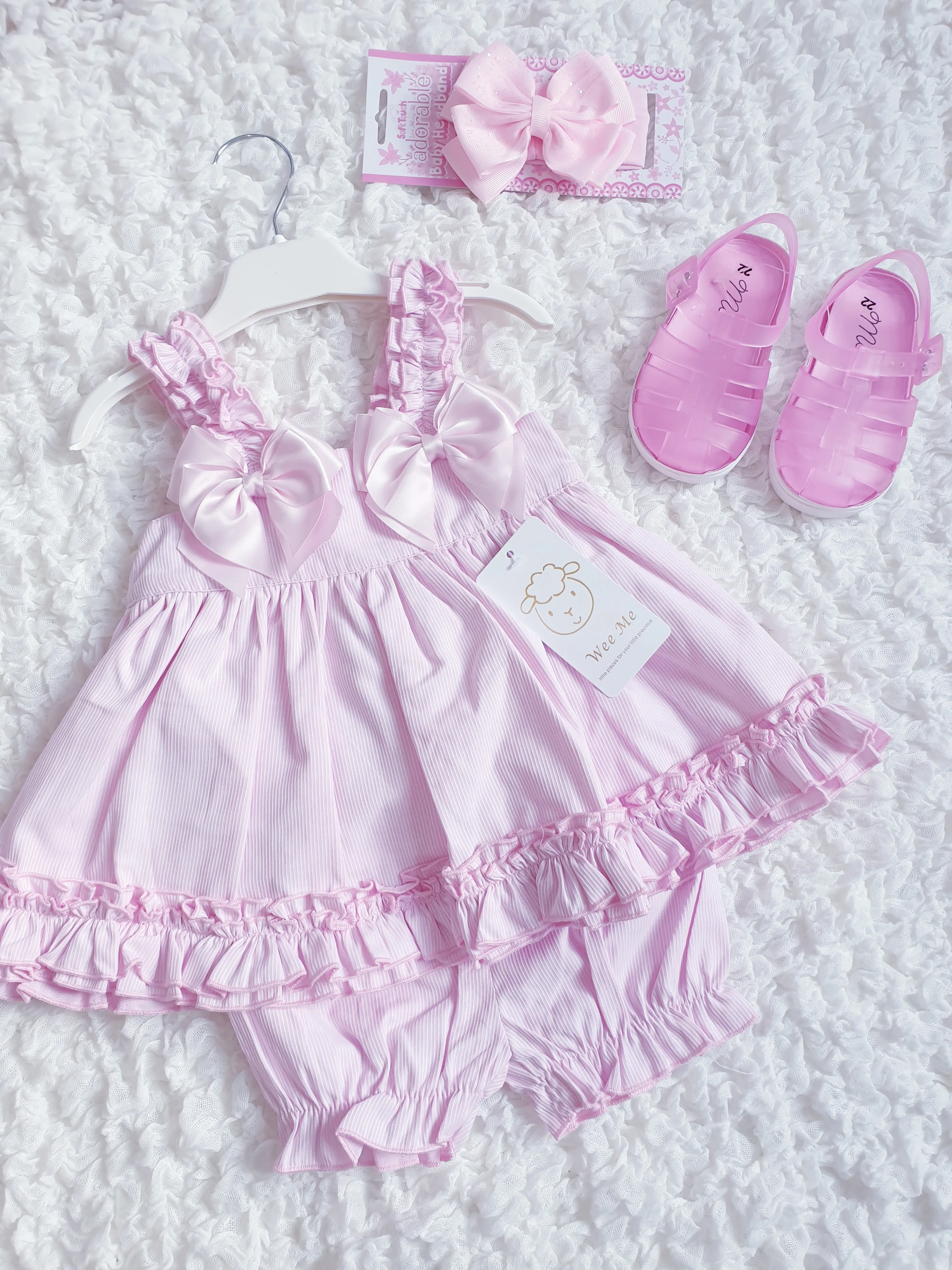 Girls Wee Me Pink Ruffle & Bow Summer Dress & Pants