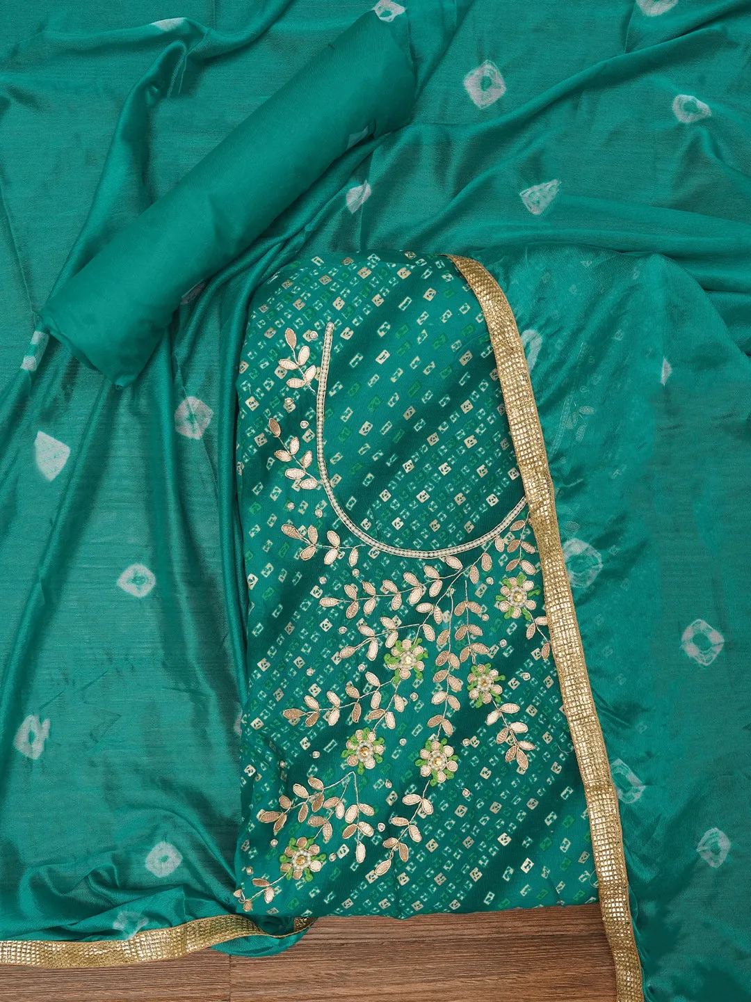 Green Unstitched Cotton Bandhani Printed Dress Material With Dupatta