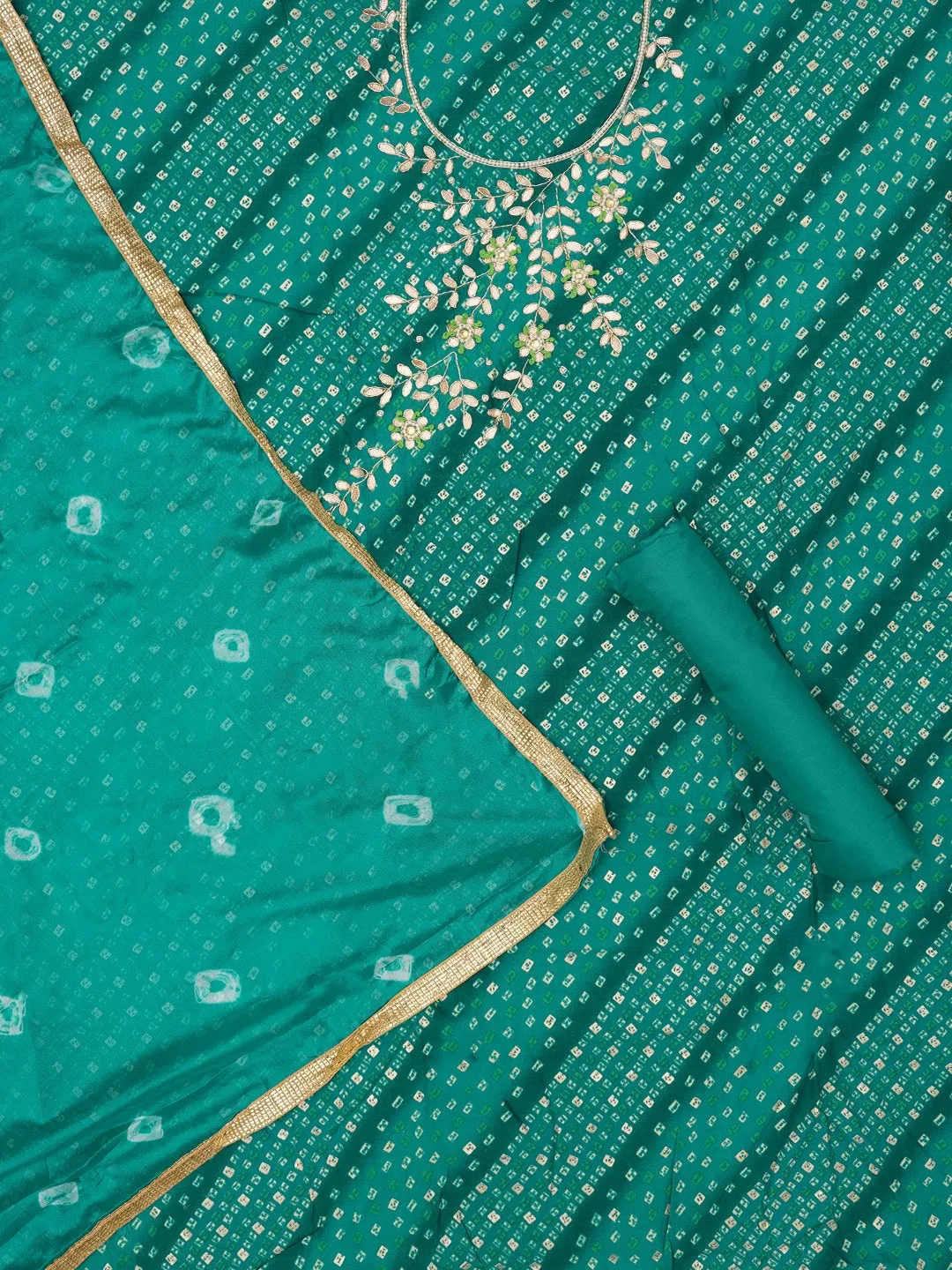 Green Unstitched Cotton Bandhani Printed Dress Material With Dupatta