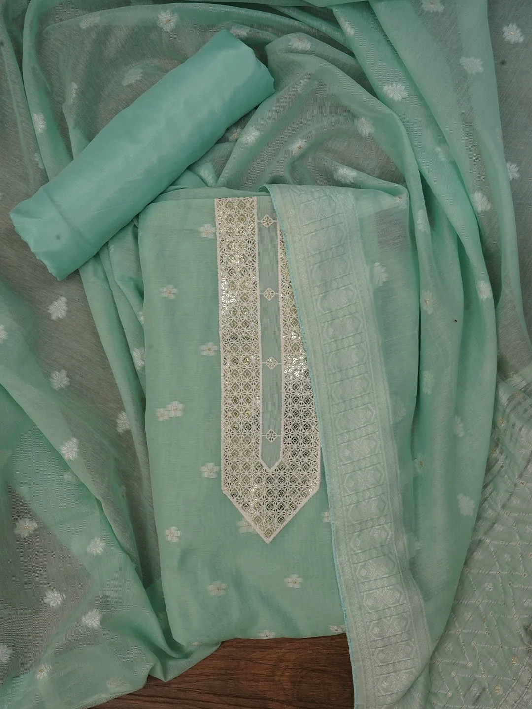 Green Zari Woven Cotton Blend Dress Material with Dupatta