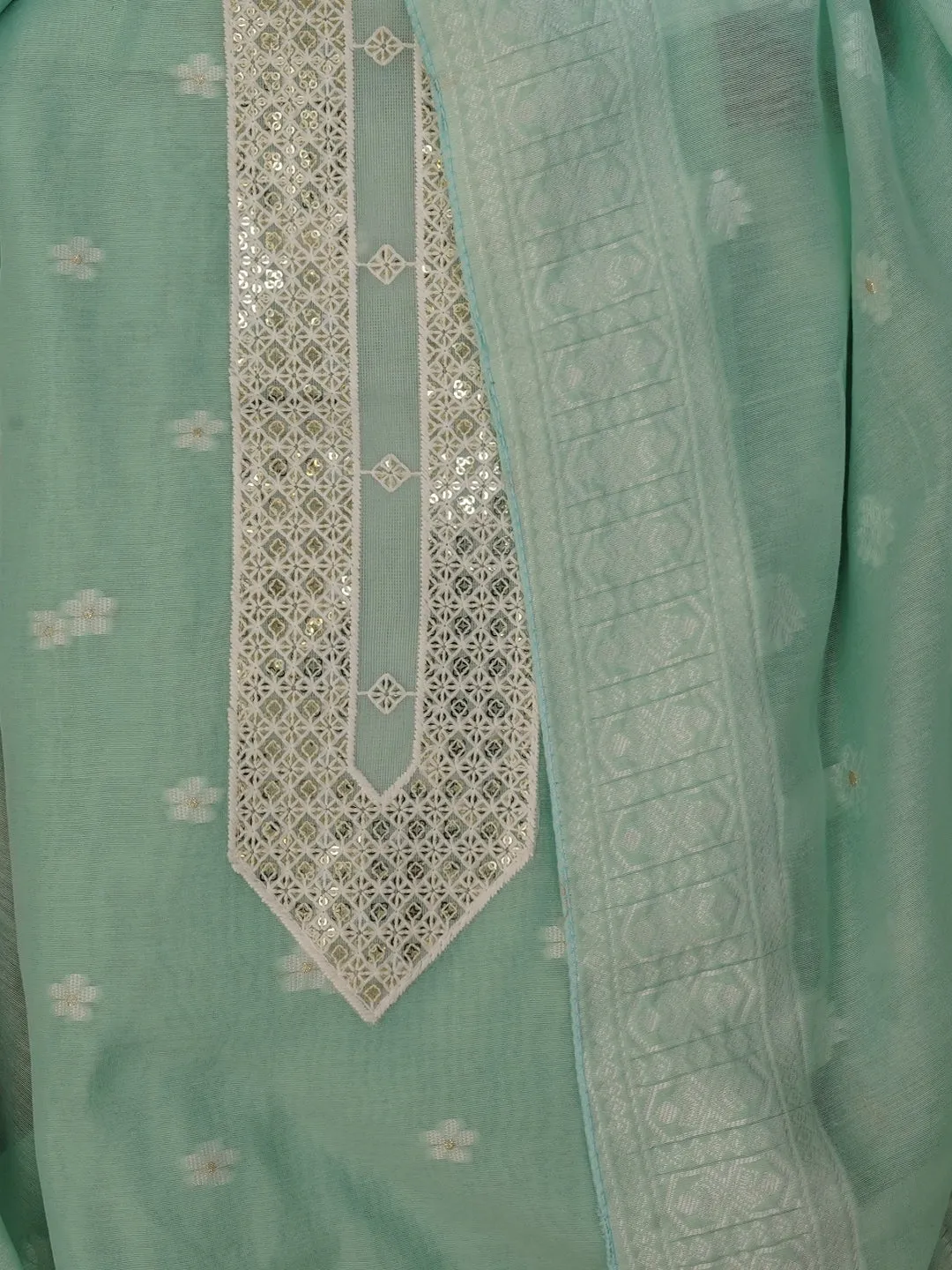 Green Zari Woven Cotton Blend Dress Material with Dupatta