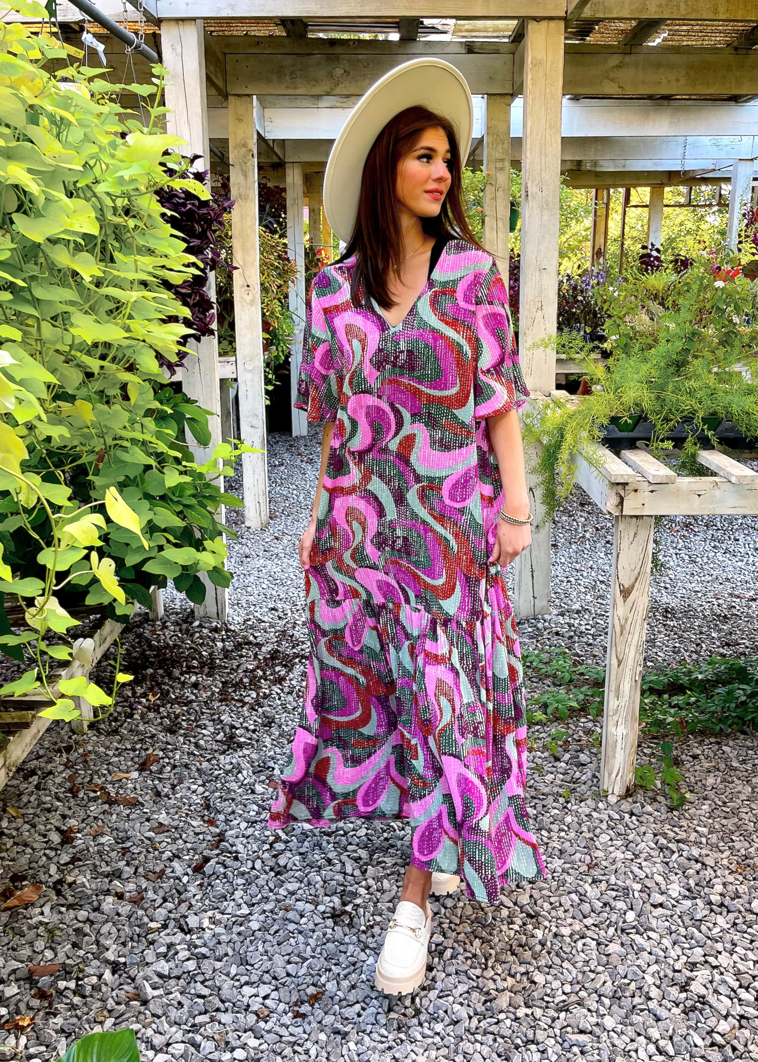 Groovy Girl Flutter Sleeve Maxi Dress | Purple Multi