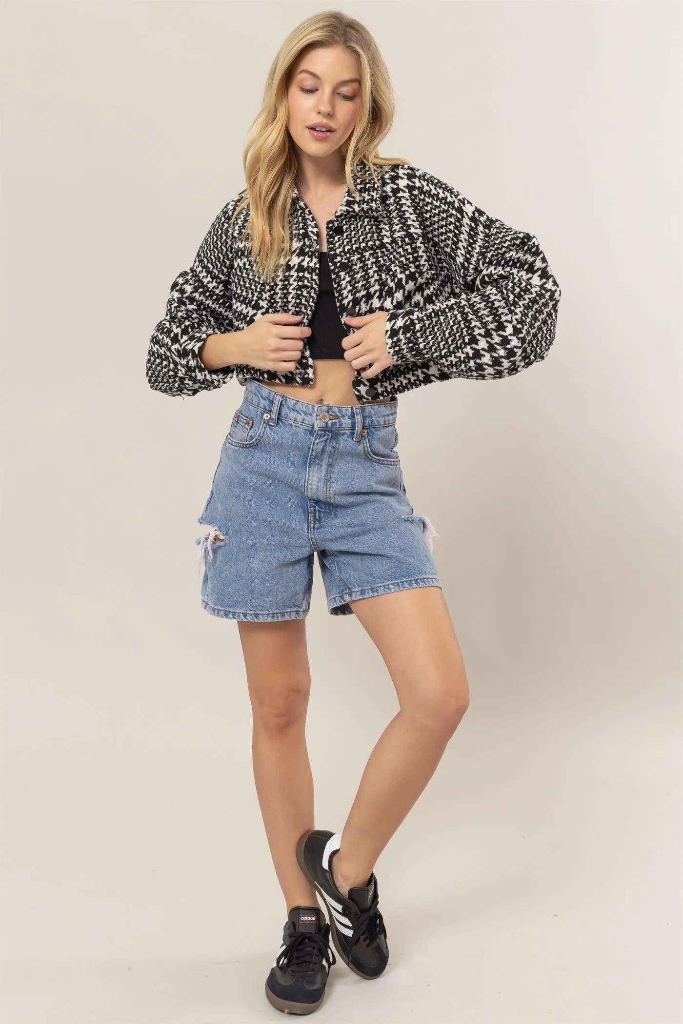 HF25A697-Houndstooth Cropped Jacket