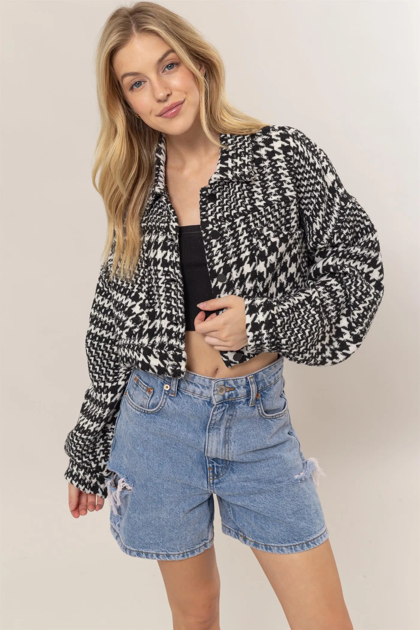 HF25A697-Houndstooth Cropped Jacket