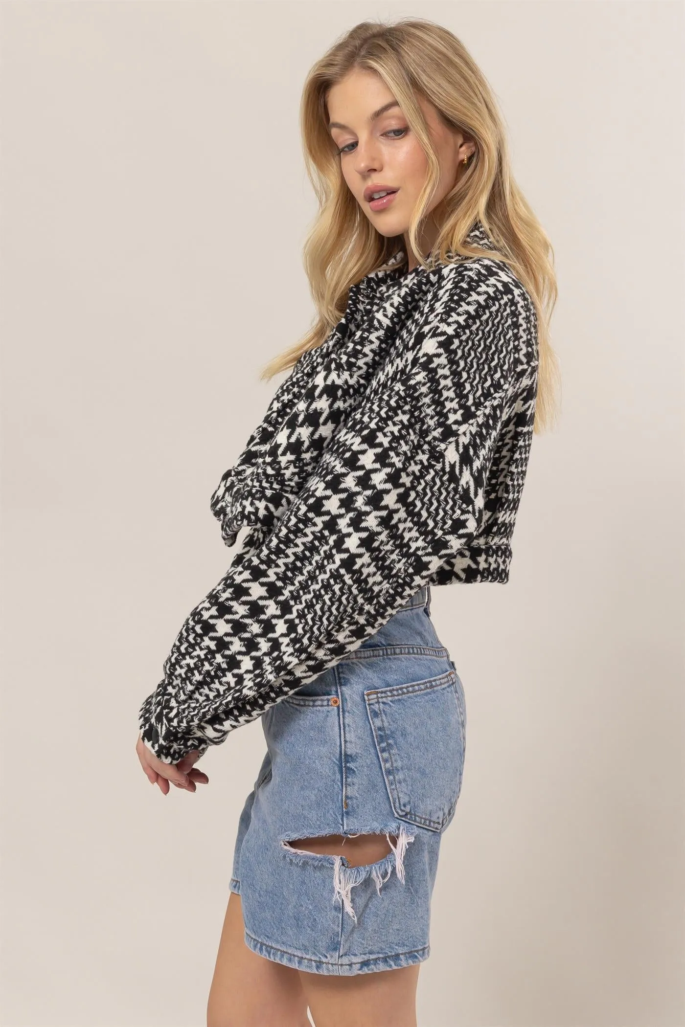 HF25A697-Houndstooth Cropped Jacket